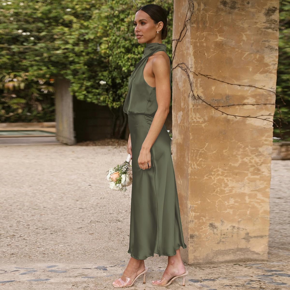 Odizli Damen Elegant Ärmellos Neckholder Satin Sommer Hochzeit Lang Abendkleider