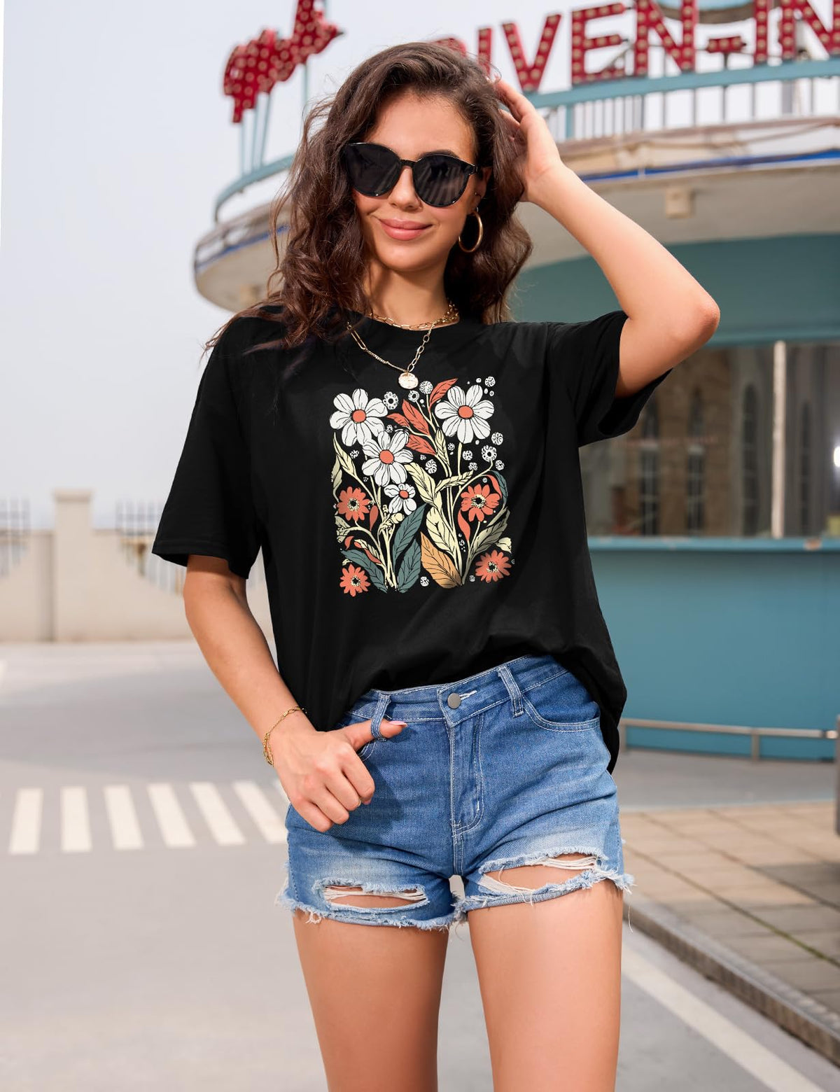 Lonya T Shirt Damen Oversized Vintage Rundhals Kurzarm 80er Jahre Brief Gedruckt Schleife Blumen Sonne Mond Muster Sommer Bluse Baumwolle Oberteile Tops Retro 80s Casual Lockere Basic Tee Shirt