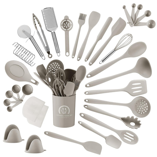 Küchenhelfer Set, 43 teiliges Küchenutensilien Set. Kochlöffel Set Silikon, Hochtemperaturbeständig und antihaftbeschichtet. Küchenutensilien beige mit Vorratsbehälter S Haken, spülmaschinenfest