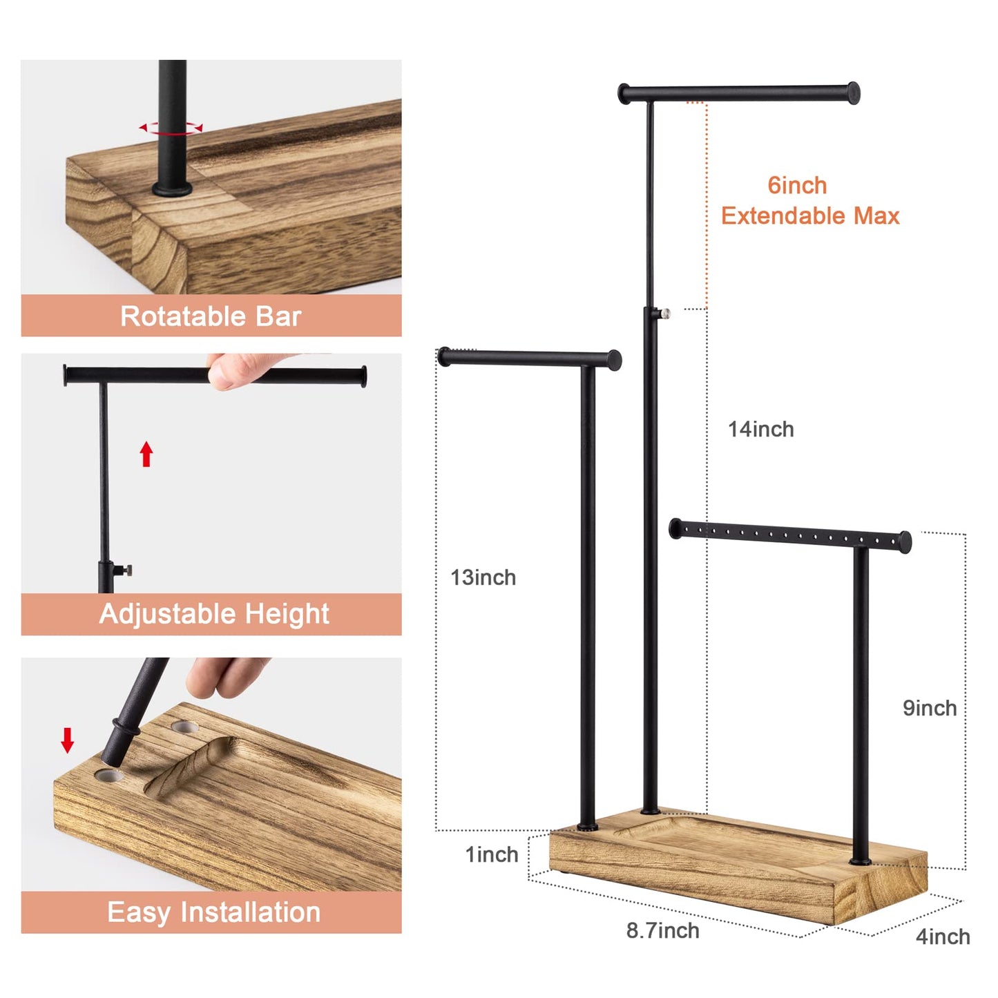 SRIWATANA Schmuckständer Holz Schmuckhalter Kettenhalter 3 Stäbe Drehbar (51cm) Schmuckbaum Schmuckaufbewahrung für Ketten Ohrringen Ringen Uhren und Armbändern
