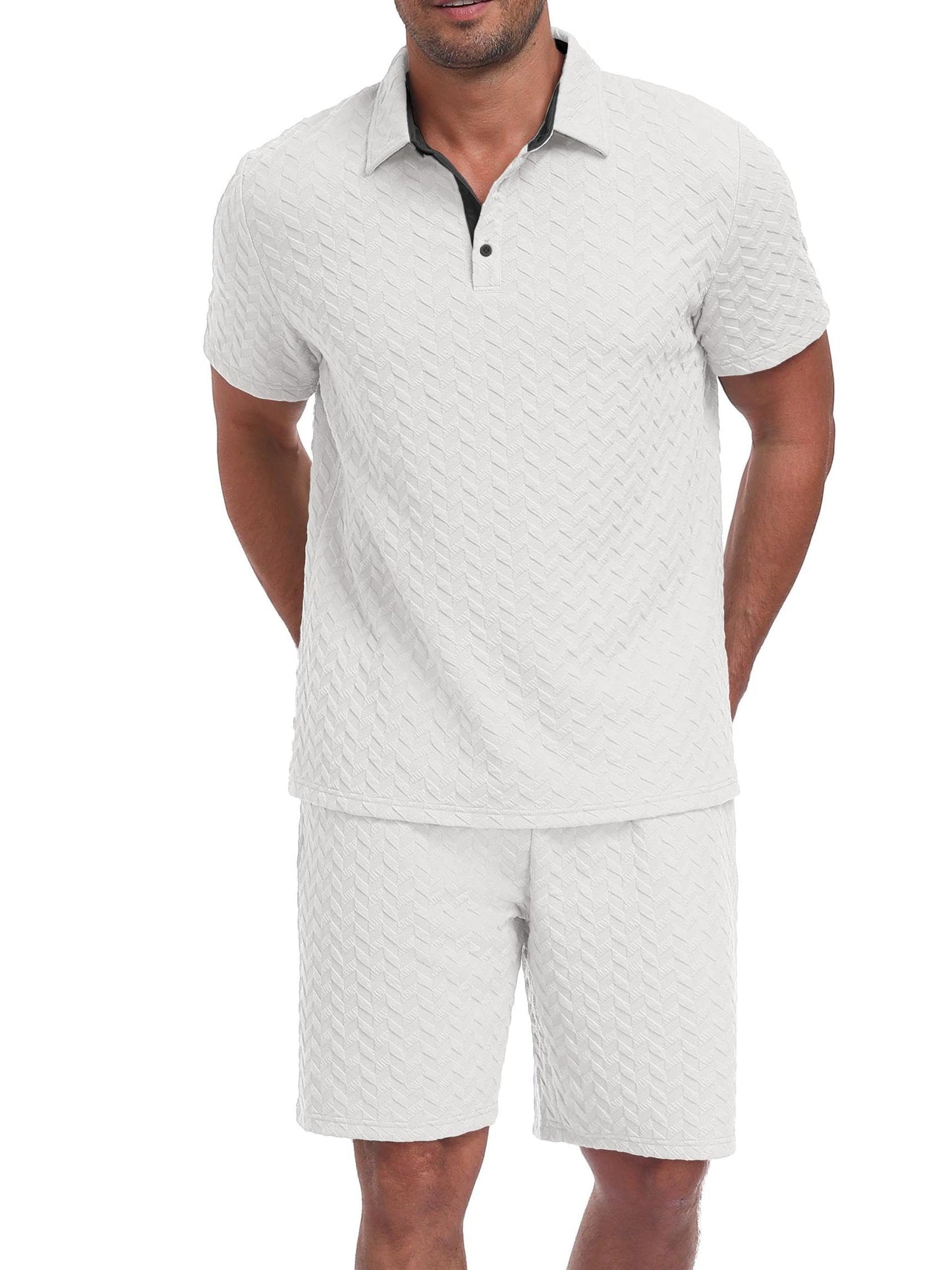 QIXING Herren Sommer Set 2 Teiler Polohemd und Shorts Set Herren Kurzarm Polo Shirt mit Strukturmuster Leichtes Freizeit Outfit für Urlaub Strand Reisen und Alltag