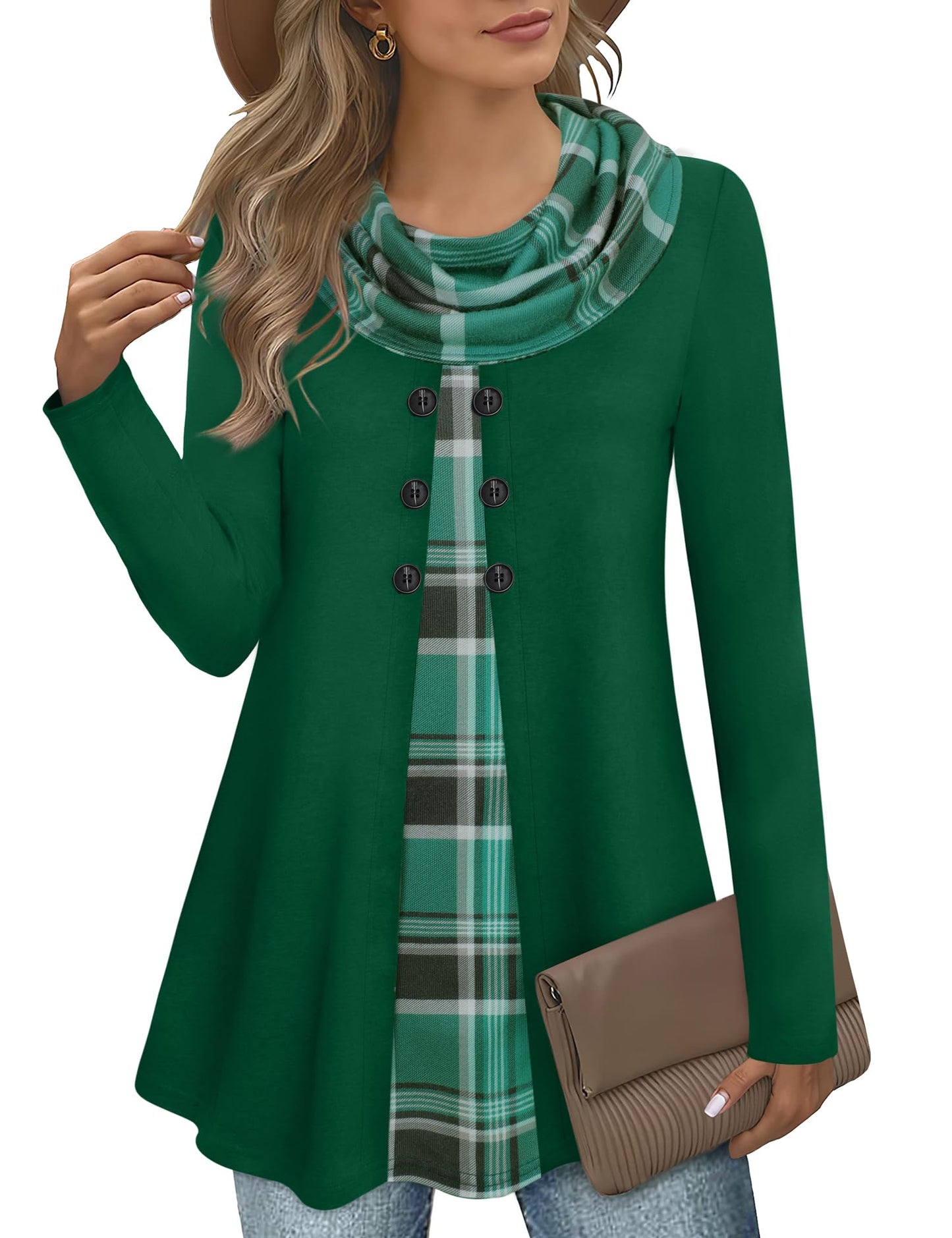 Gaharu Damen Tunika Langarm Elegant Pullover Lang Sweatshirt Schalkragen Patchwork Pulli