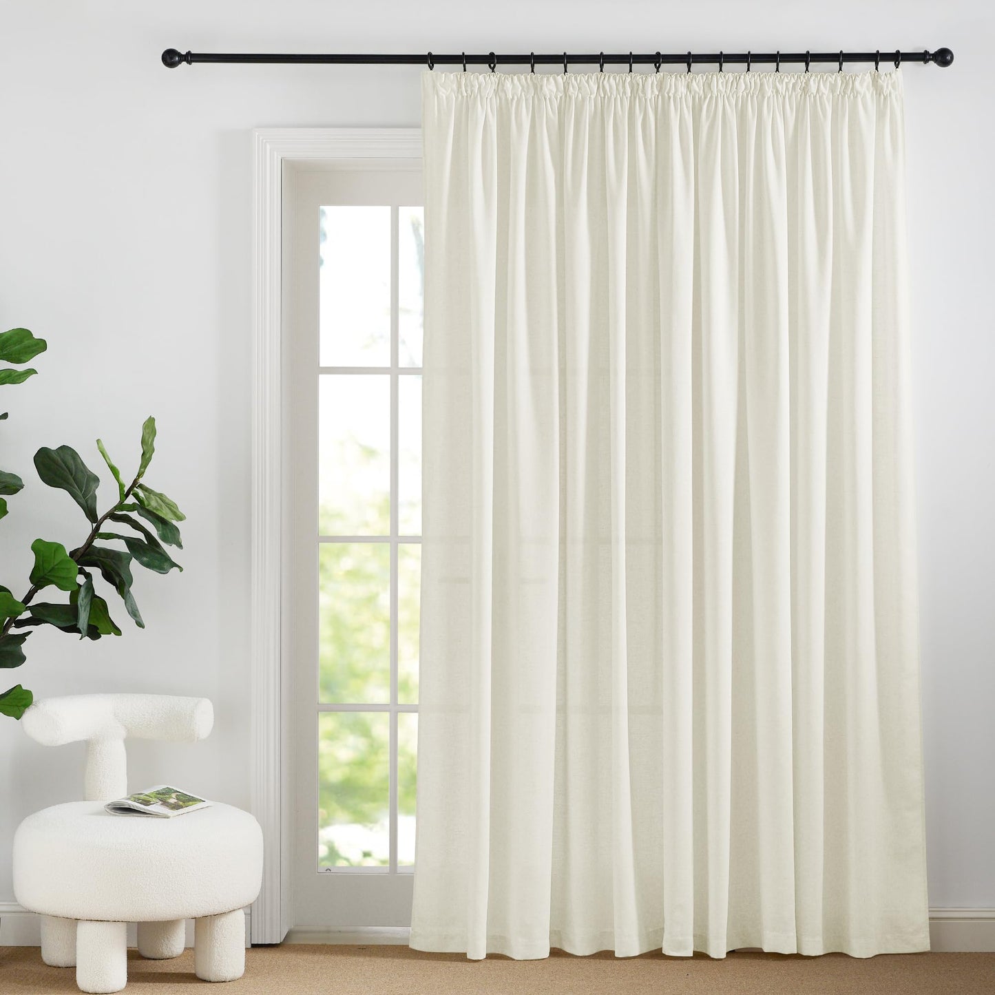 PONY DANCE Leinenvorhang Kräuselband Wohnzimmer Vorhänge Boho 2er Set H 245 x B 140 cm Leinen Gardinen für Schienensystem Leinenoptik Vorhänge Halbtransparent Linen Curtains Living Room, Beige