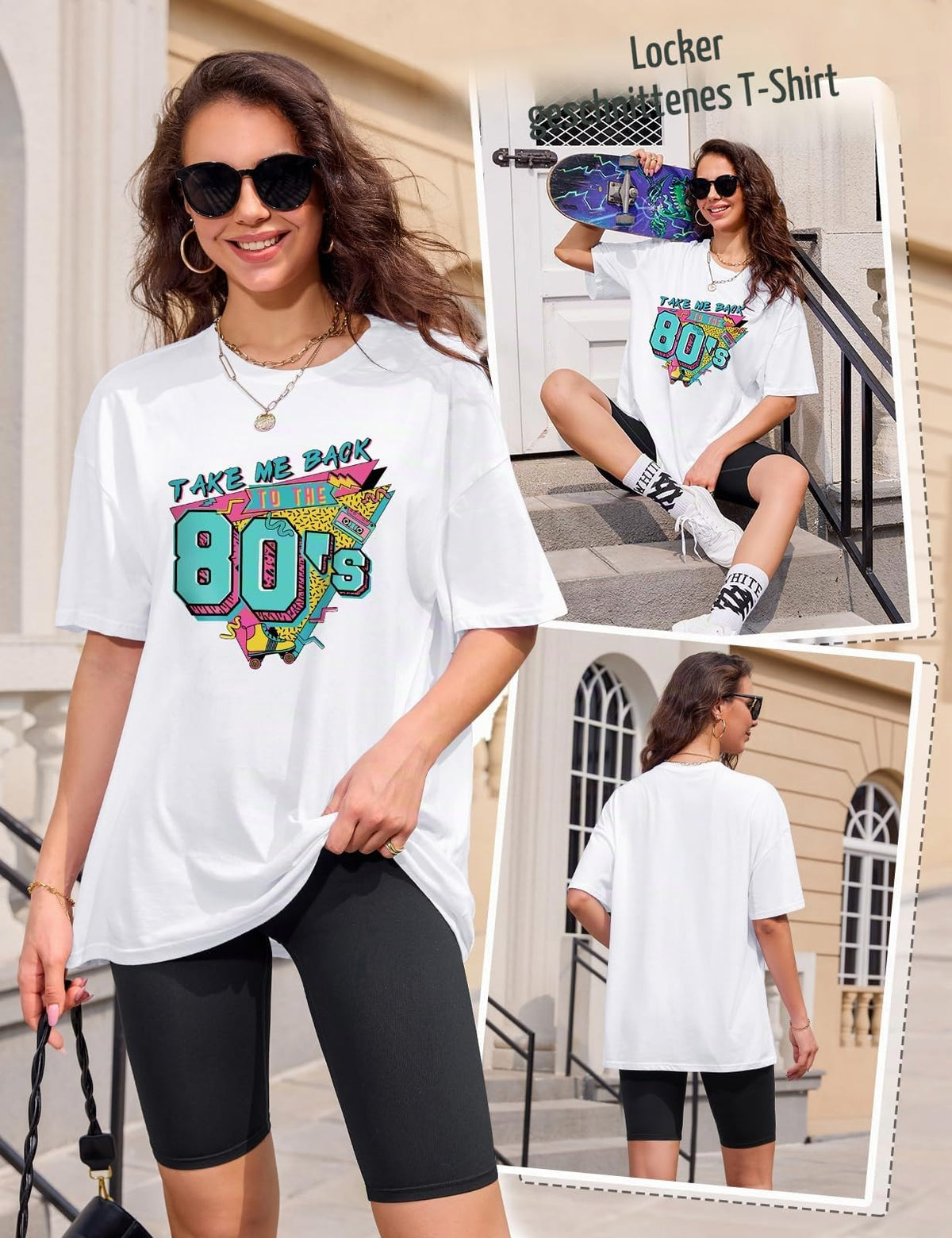 Lonya T Shirt Damen Oversized Vintage Rundhals Kurzarm 80er Jahre Brief Gedruckt Schleife Blumen Sonne Mond Muster Sommer Bluse Baumwolle Oberteile Tops Retro 80s Casual Lockere Basic Tee Shirt