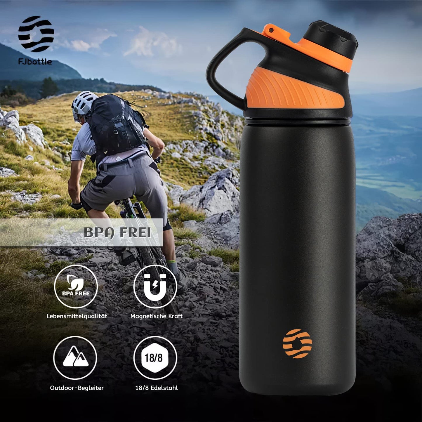 Fjbottle Edelstahl Trinkflasche Sport mit Magnetischem Deckel 1L, 800ml, 600ml, 400ml BPA-Frei Auslaufsichere Kinder Flasche - Kohlensäure geeignet 1500ML Wasserflasche Thermo für Schule, Fitness