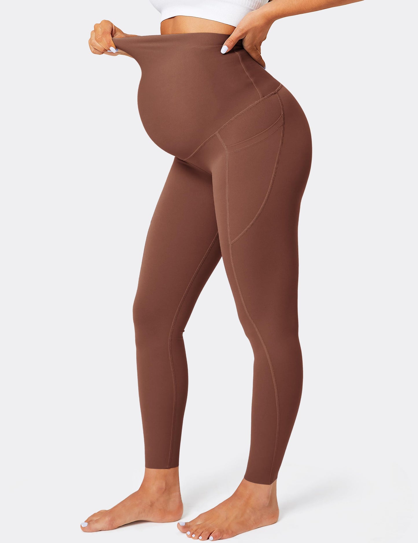 BAYDI Damen Umstandsleggings mit Taschen Blickdichte Lange Schwangerschaftsleggings High Waist Umstandshose Damen Weich elastisch Schwangerschaftshose