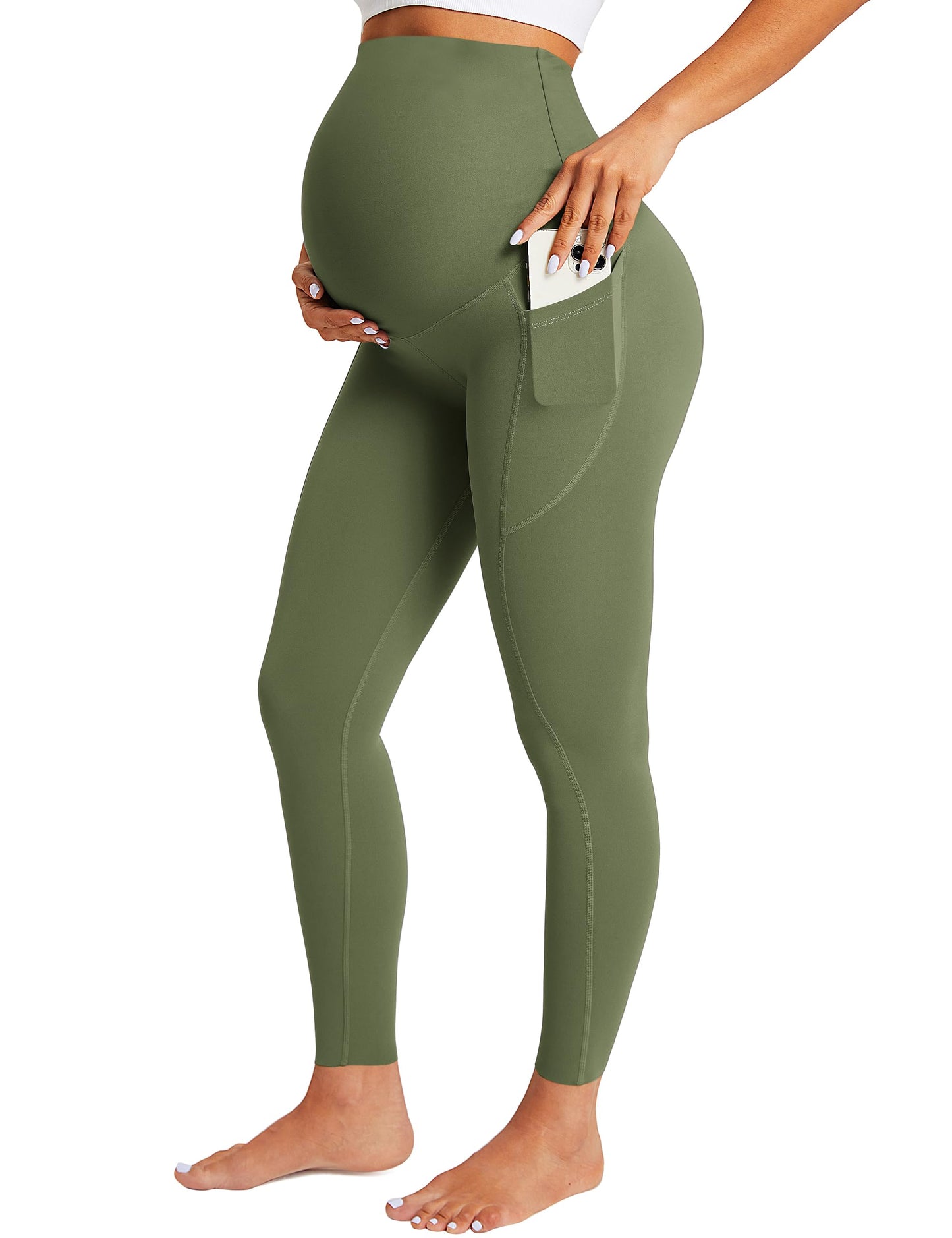 BAYDI Damen Umstandsleggings mit Taschen Blickdichte Lange Schwangerschaftsleggings High Waist Umstandshose Damen Weich elastisch Schwangerschaftshose