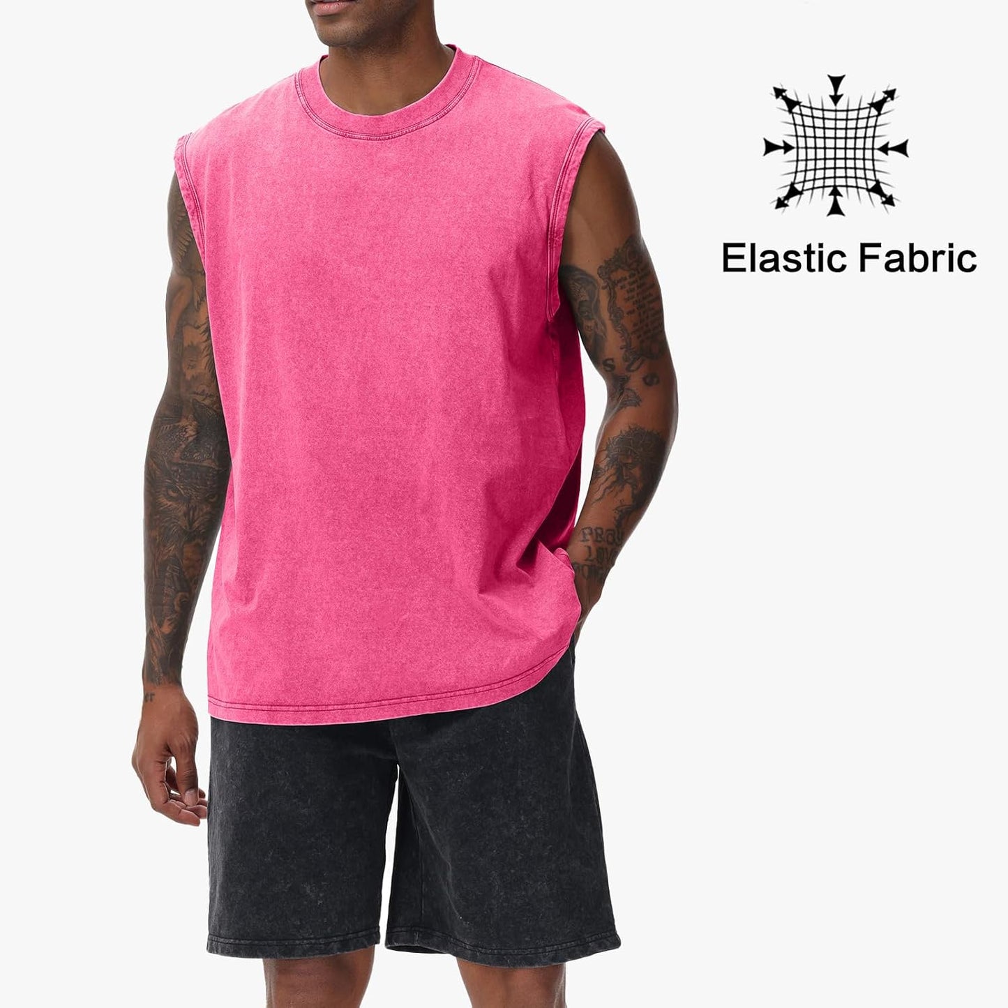 Herren Kurzarm Sommer Ärmelloses Shirt, Männer Fitness ärmellos Weste, Washed Sleeveless t-Shirt, Workout, Fitnessstudio, Baumwolle
