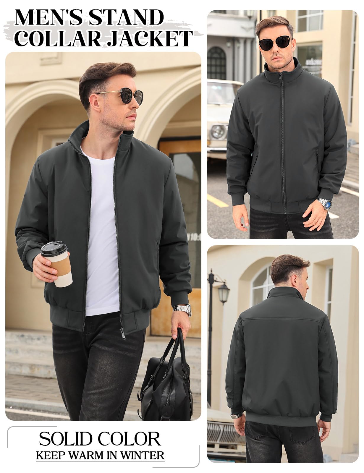Lonya Men's Fleece Winter Windproof Bomber Jacket Full Zip Transition Jacket Flight Jacket Autumn Warm Padded Stand-Up Collar Coats Jackets
