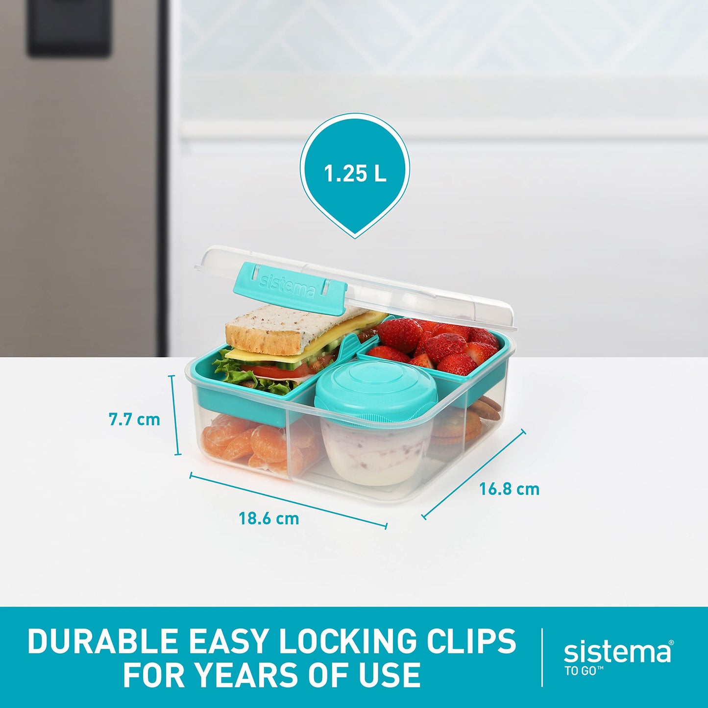 Sistema Bento-Box | 1,25 L | Brotdose für Pause mit Fächern und Snackbox | BPA-frei | hergestellt aus Ocean Bound Plastic | Teal Stone | 1 Stück, Mintgrün (Recycelter Kunststoff)