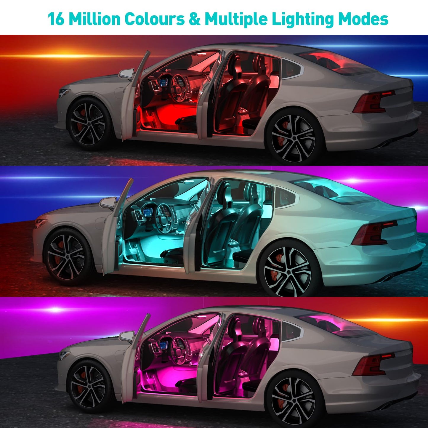 YiLaie RGB LED Interior Lighting Car, Ambient Lighting Car with App Control and 16 Million Colours, Music Mode, Colour Memory, Three Button Control Box, Cigarette Lighter, 12 V