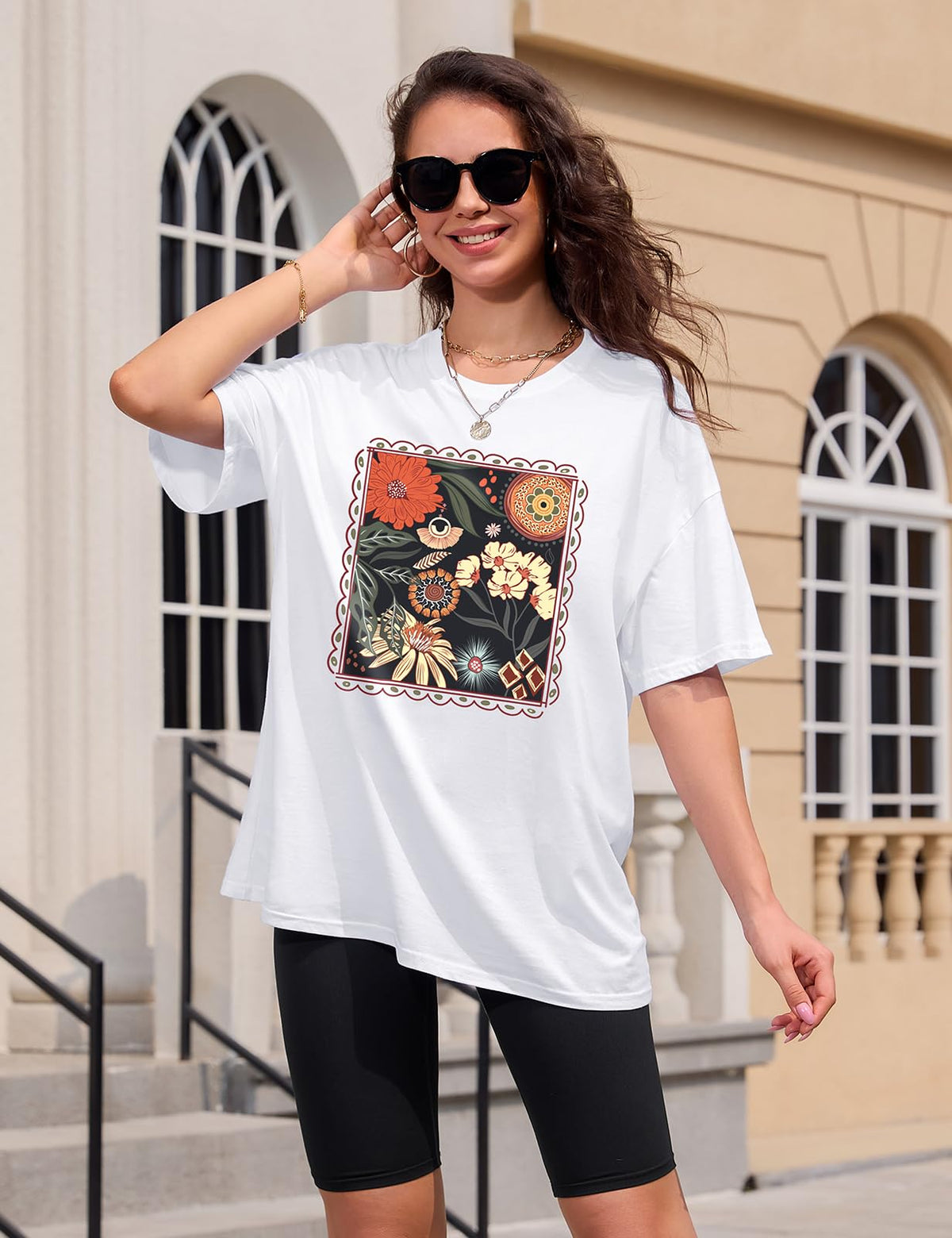 Lonya T Shirt Damen Oversized Vintage Rundhals Kurzarm 80er Jahre Brief Gedruckt Schleife Blumen Sonne Mond Muster Sommer Bluse Baumwolle Oberteile Tops Retro 80s Casual Lockere Basic Tee Shirt