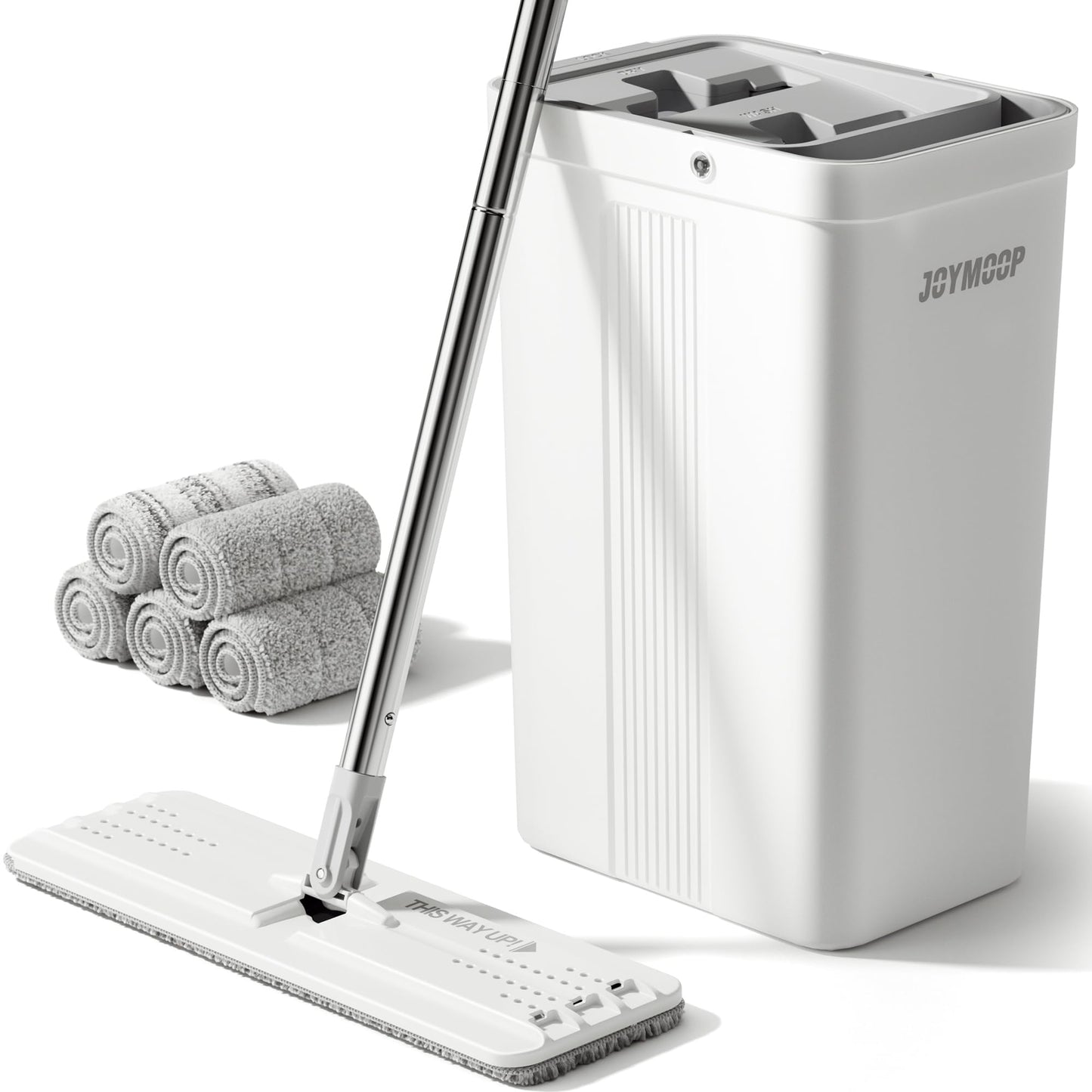 JOYMOOP Mop und Eimer mit Wringer Set, Hands Free Flat Floor Mop und Eimer, mit 5 waschbaren Mikrofaserpads, Nass- und Trockeneinsatz, Bodenreinigungssystem