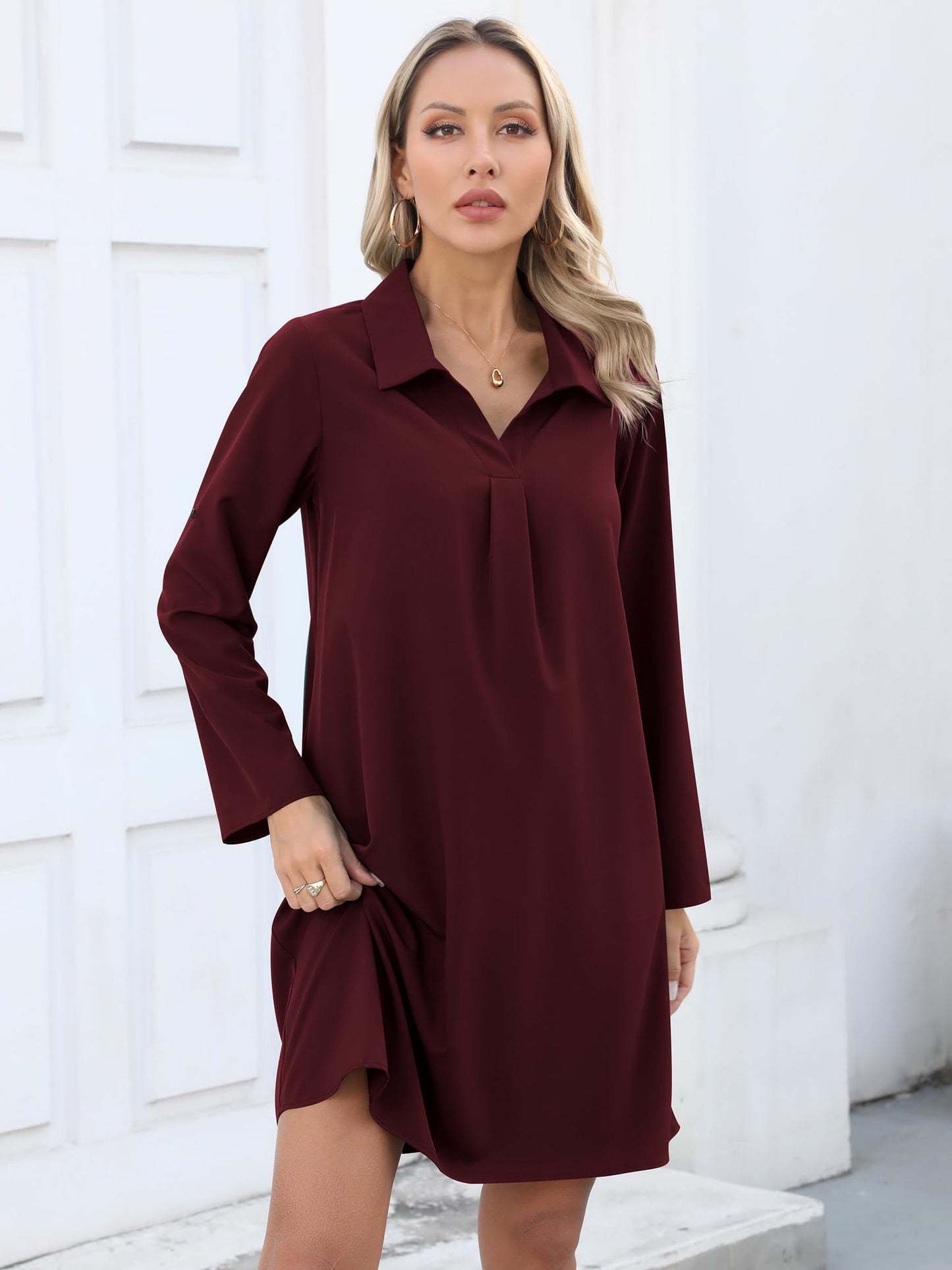 Missufe Damen Freizeit Blusenkleid Tunika Hemdkleid 3/4 Ärmel Locker Shirt Kurzes Kleid