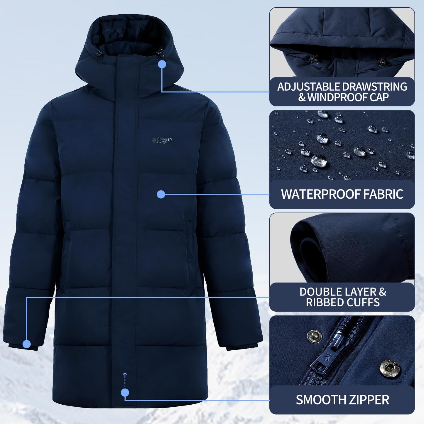 Pioneer Camp Men's Winter Jacket Long Windproof Waterproof Warm Down Jacket Winter Outdoor Parka Jacket with Hood
