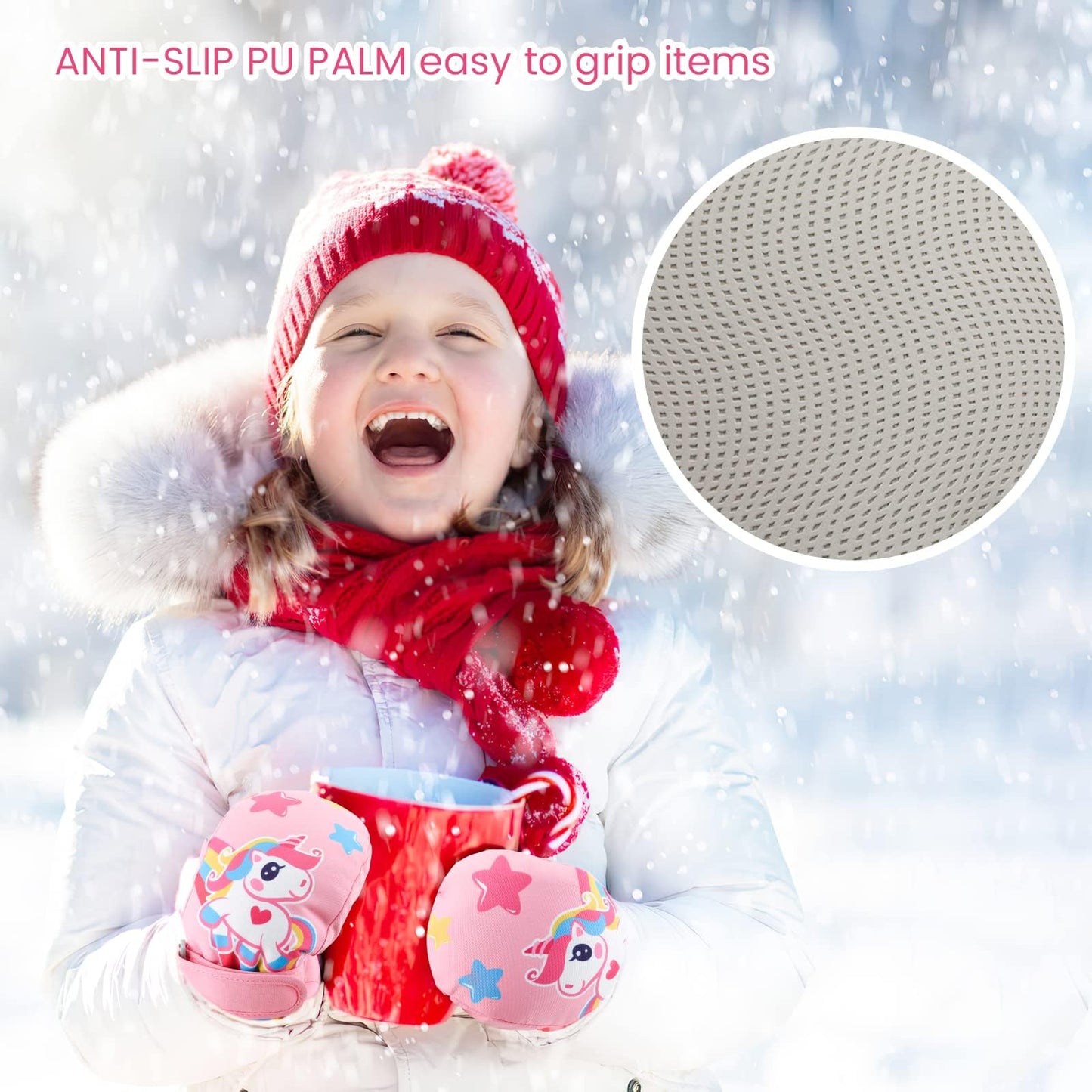 Children's Winter Ski Gloves Waterproof Snowboard Gloves Non-Slip Plush Lined Warm Unicorn Gloves for Girls Boys 2-9 Years Old