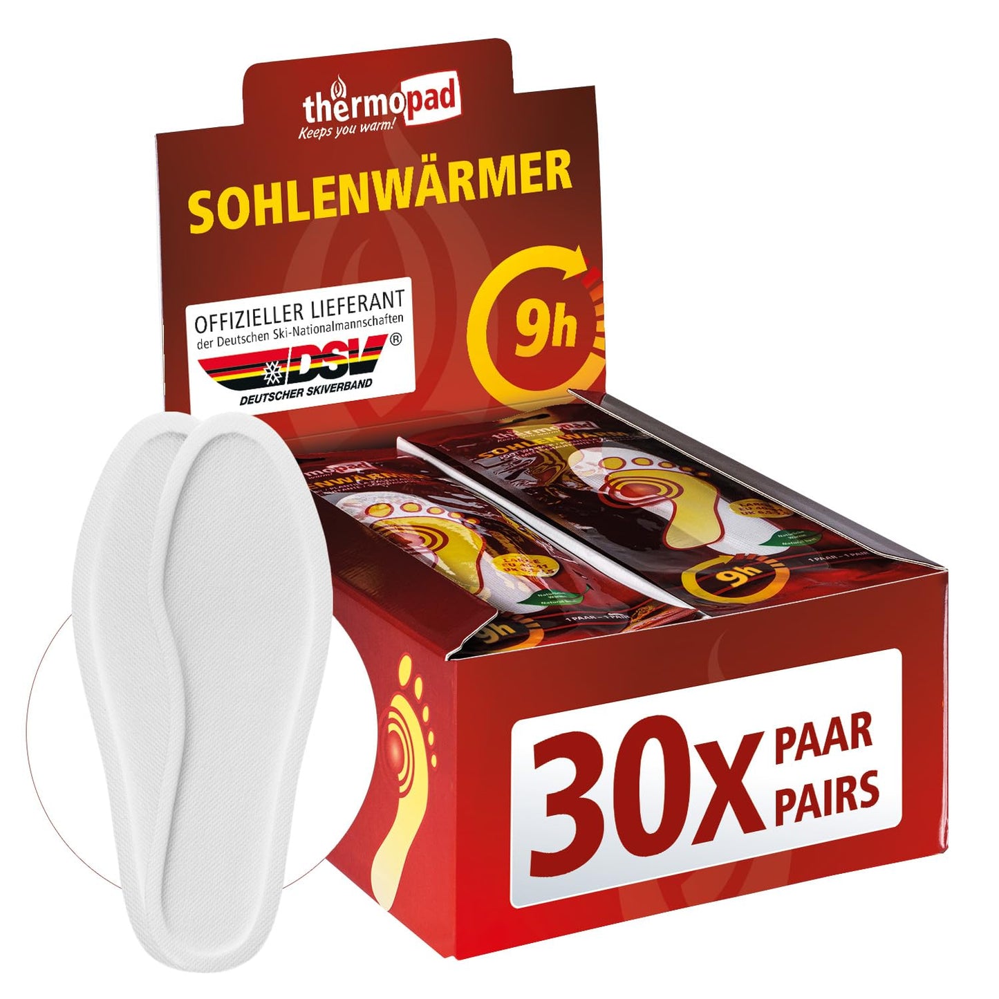 THERMOPAD Sohlenwärmer - DAS ORIGINAL: 5, 10 oder 30 Paar Wärmepads (erhältlich in 5 Größen) - Einlegesohle für 9 Stunden Wärme I Fußwärmer Pads I Extra warme Wärmesohle für Schuhe & Skischuhe