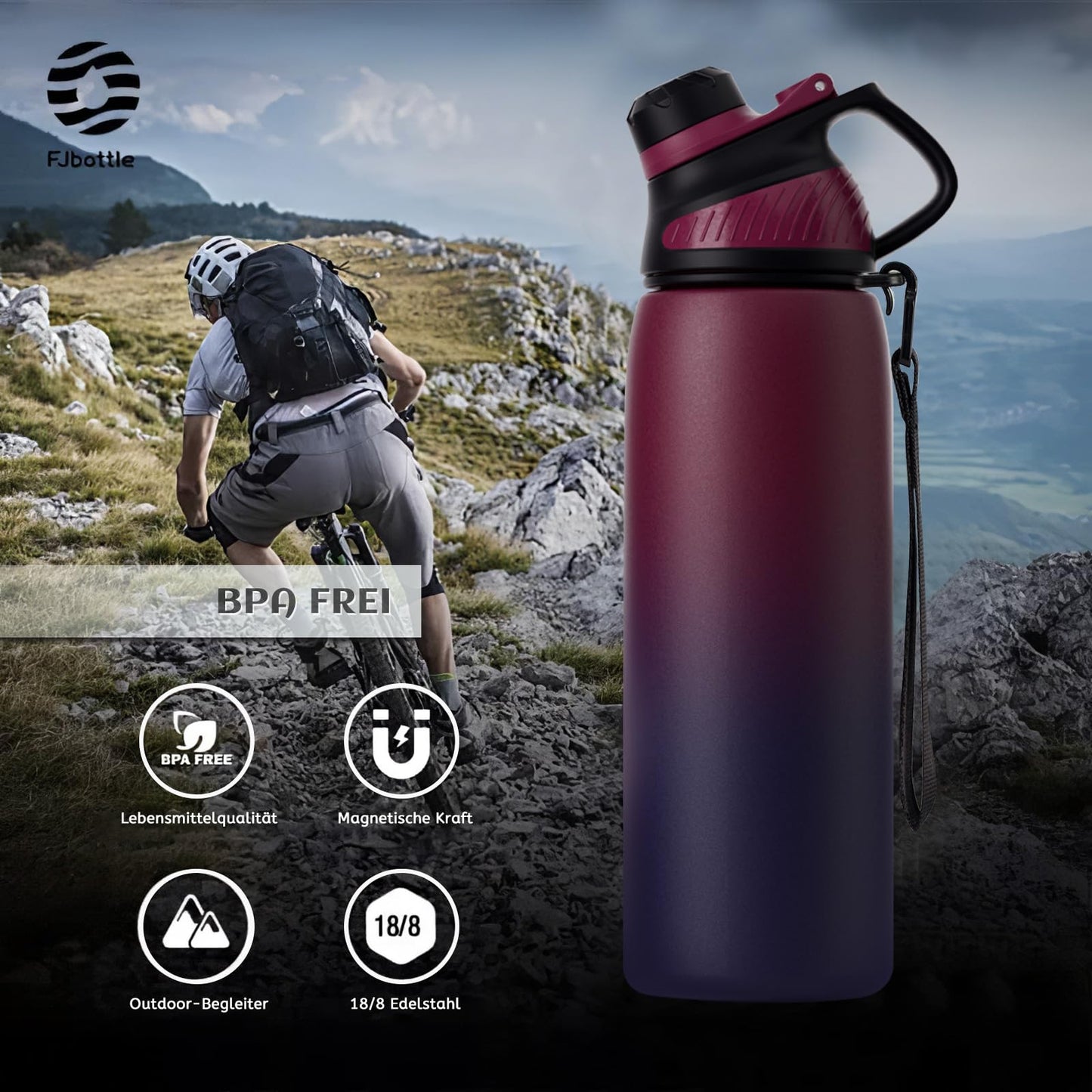 Fjbottle Edelstahl Trinkflasche Sport mit Magnetischem Deckel 1L, 800ml, 600ml, 400ml BPA-Frei Auslaufsichere Kinder Flasche - Kohlensäure geeignet 1500ML Wasserflasche Thermo für Schule, Fitness