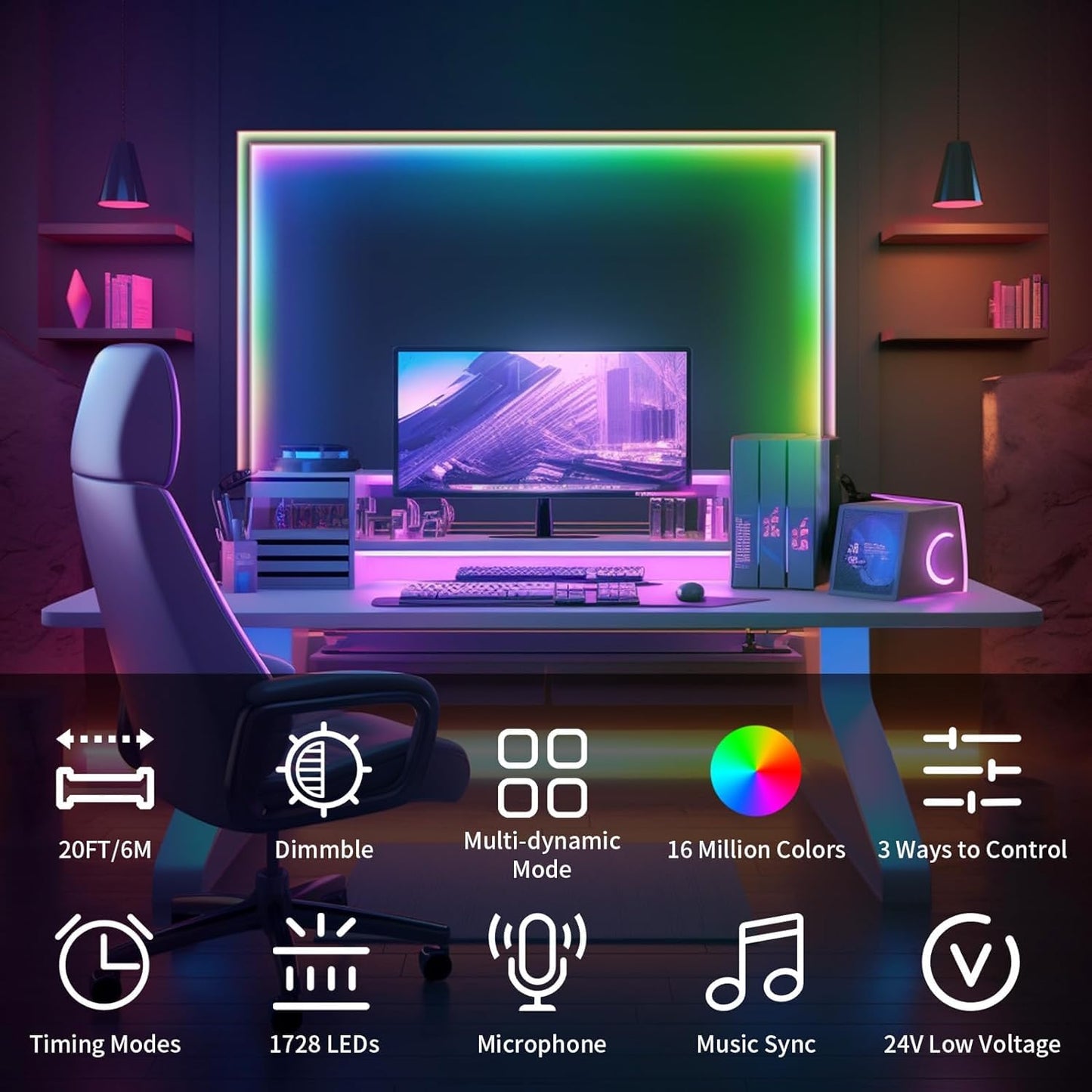 BUNACET COB RGB LED Strip 6M 24V Dimmbar, LED Streifen 3456 LEDs, Leiste Band Stripes Lichtband mit Netzteil RF Fernbedienung & APP Bluetooth für Küche Schlafzimmer Deko