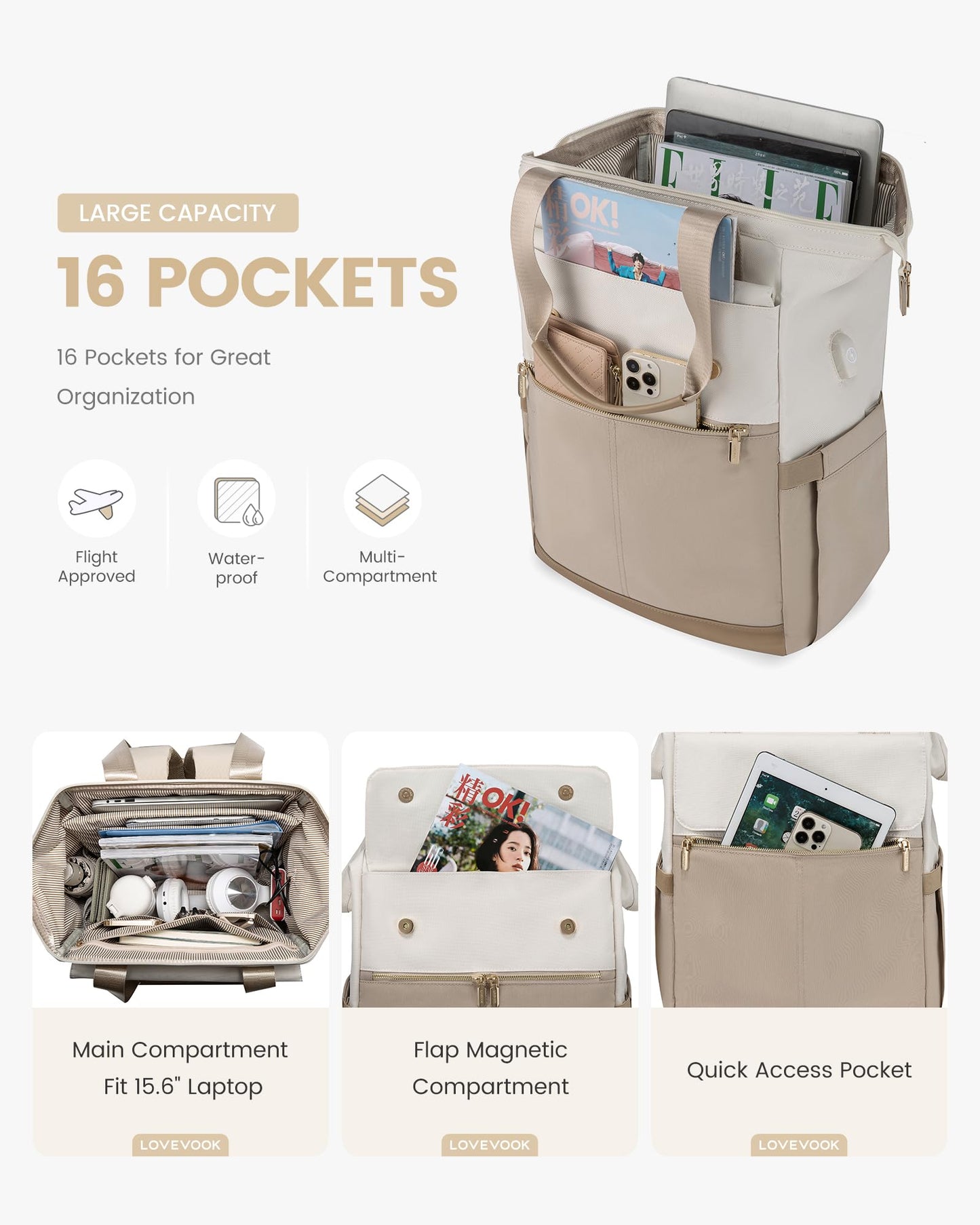 LOVEVOOK Rucksack Damen, Laptop Schulrucksack Wasserdicht, Schultasche Teenager Backpack Women Elegant Tagesrucksäcke Handtasche 2 in 1, 15,6 Zoll Arbeitstasche Lehrertasche Reiserucksack für Uni Büro