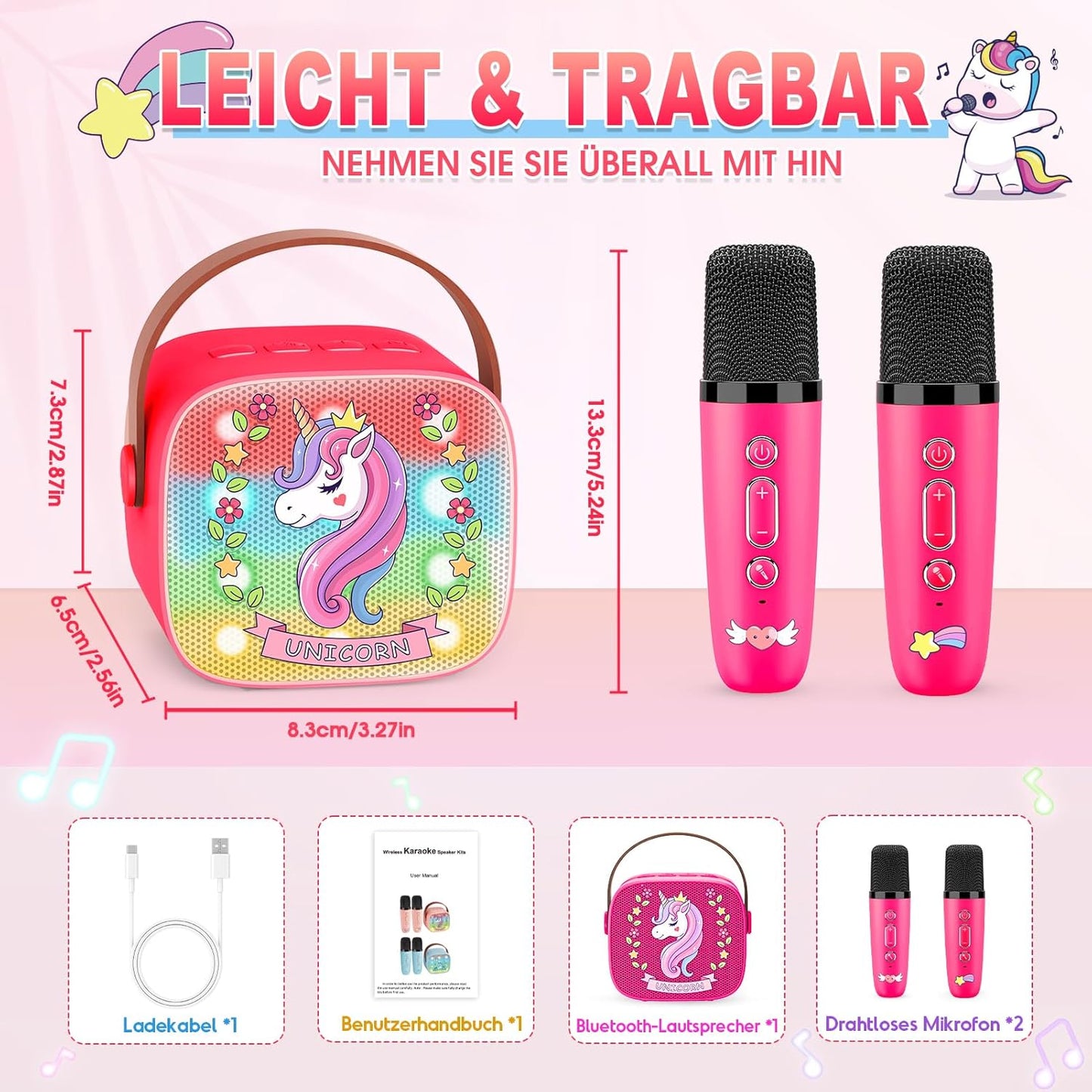 Karaoke Machine with 2 Bluetooth Microphones, Children's Unicorn Christmas Gifts Toy for Girls 3-12 Years, Portable Karaoke Microphone Set with DSP and LED Lights