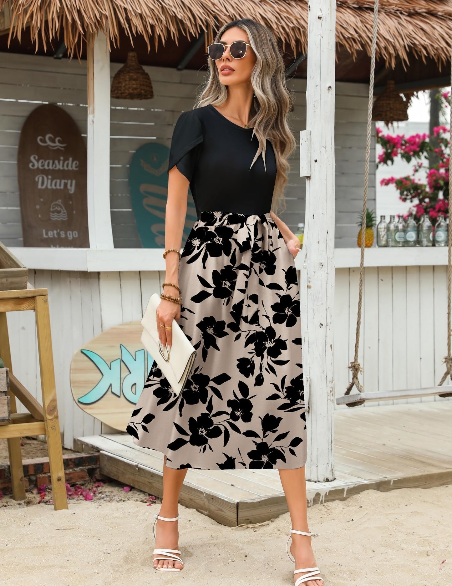 ZEAGOO Sommerkleid Damen Elegant Kleider Kurzarm Rundhals Midikleid A-Linie Blumenkleid Casual Tunika Kleid Hohe Taille Strandkleid mit Taschen S-XXL