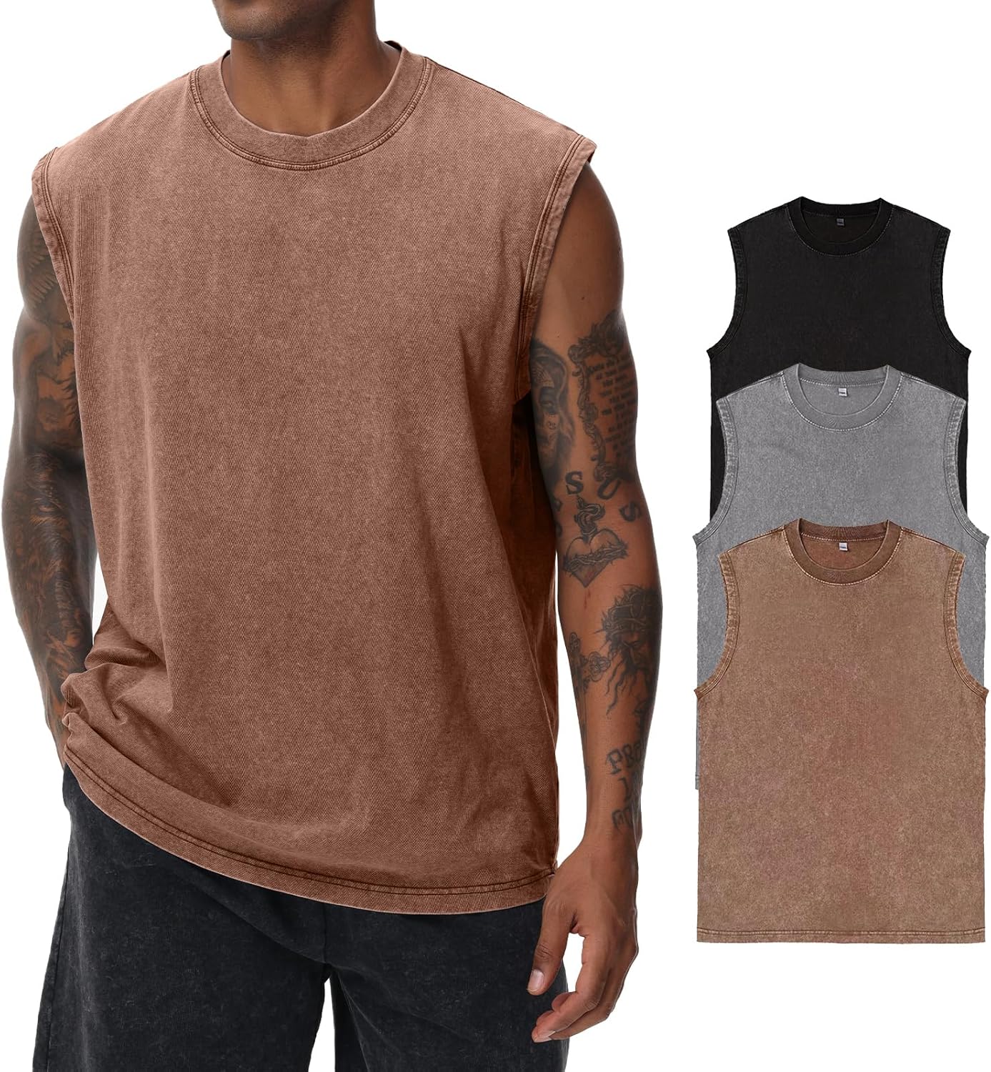 Herren Kurzarm Sommer Ärmelloses Shirt, Männer Fitness ärmellos Weste, Washed Sleeveless t-Shirt, Workout, Fitnessstudio, Baumwolle