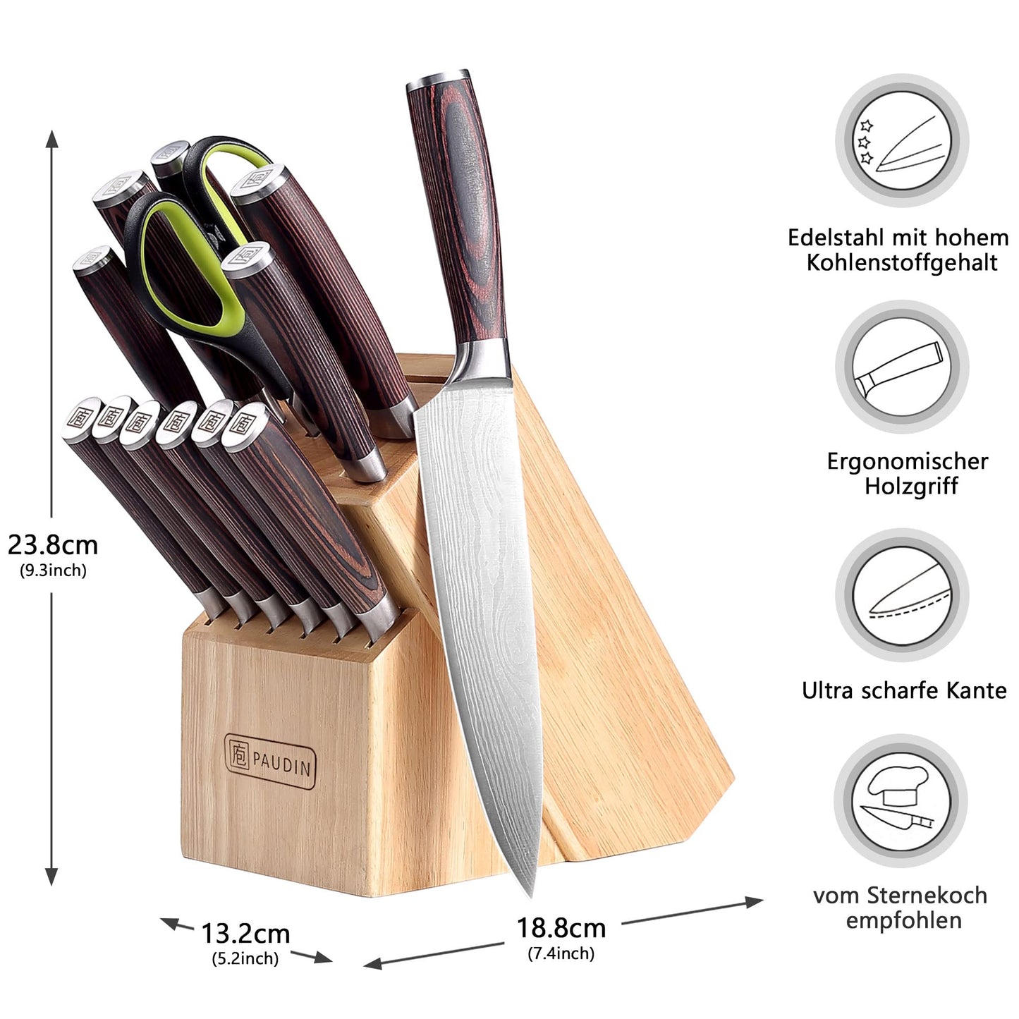 PAUDIN Messerblock, 14-teiliges Messer-Set für die Küche, scharf, hochwertiges deutsches Edelstahlmesser-Set mit Holzblock, Messerschäfer und Schere