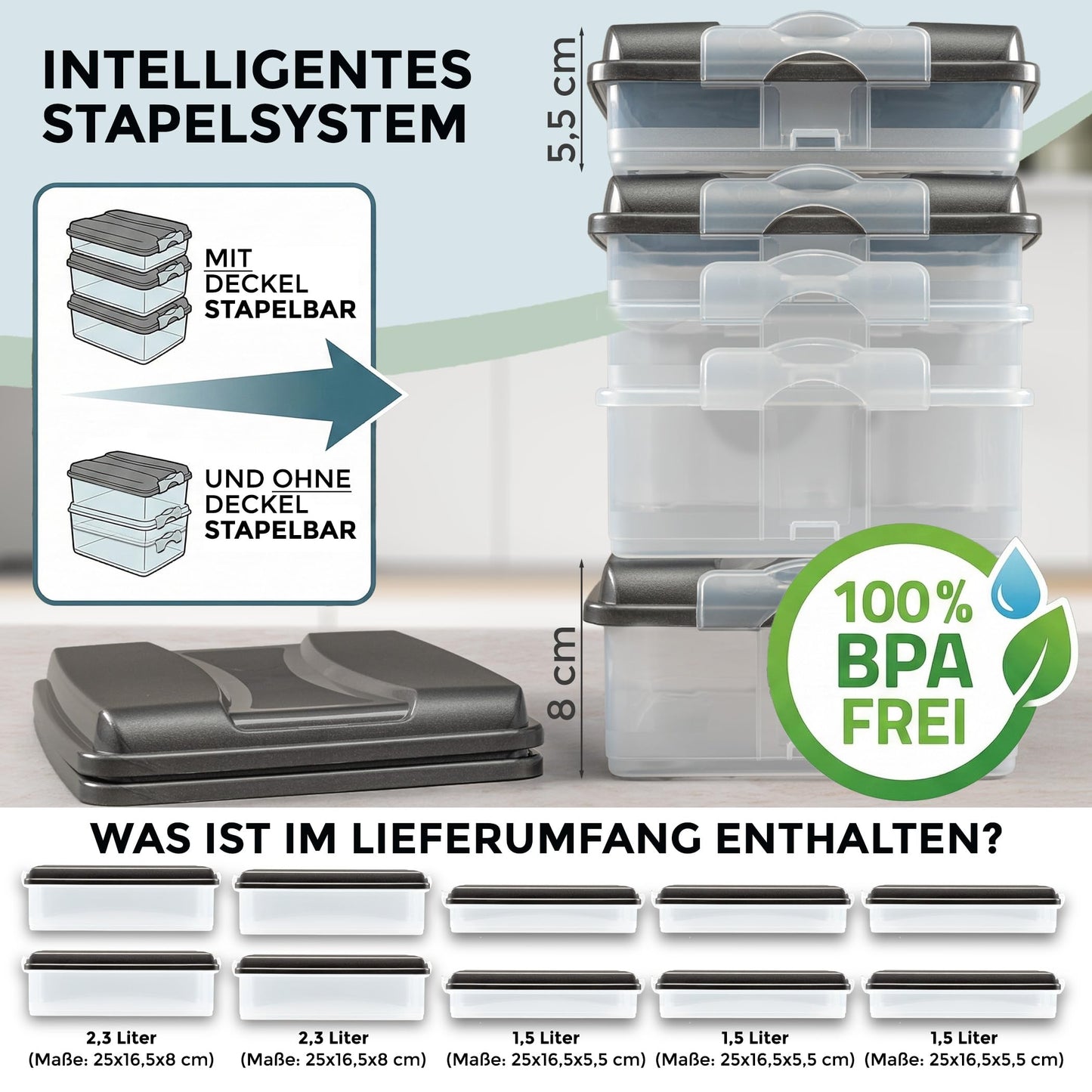 Hausfelder Cold Cut Boxes for Sausage and Cheese, 3 x 1.5 L + 2 x 2.3 L + 5 x Lids, Fridge Organiser, Stackable Cold Food Containers, Sausage Canisters Cheese Containers Set with Lid