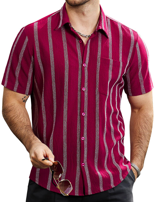 VATPAVE Herren Sommer Gestreifte Hemden Button Down Kurzarm Vintage Strand Hawaii Hemden mit Tasche