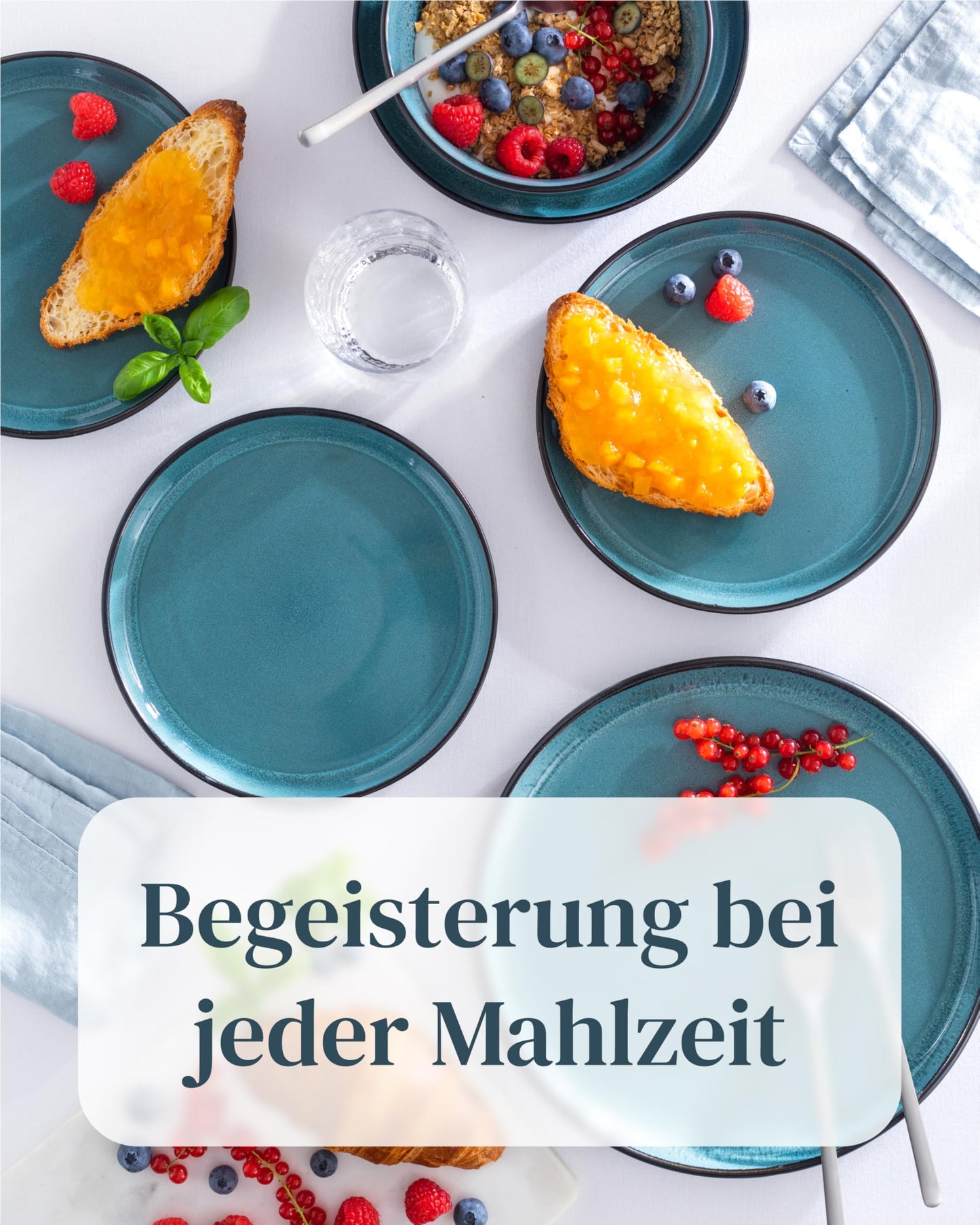 Steingut Frühstücksteller 6 Pers. Ibiza Hochwertiges Mediterranes TEST SEHR GUT Dessertteller Set - Kuchenteller spülmaschinen- und kratzfest - Kleine Teller, Salatteller Pure Living in Petrol