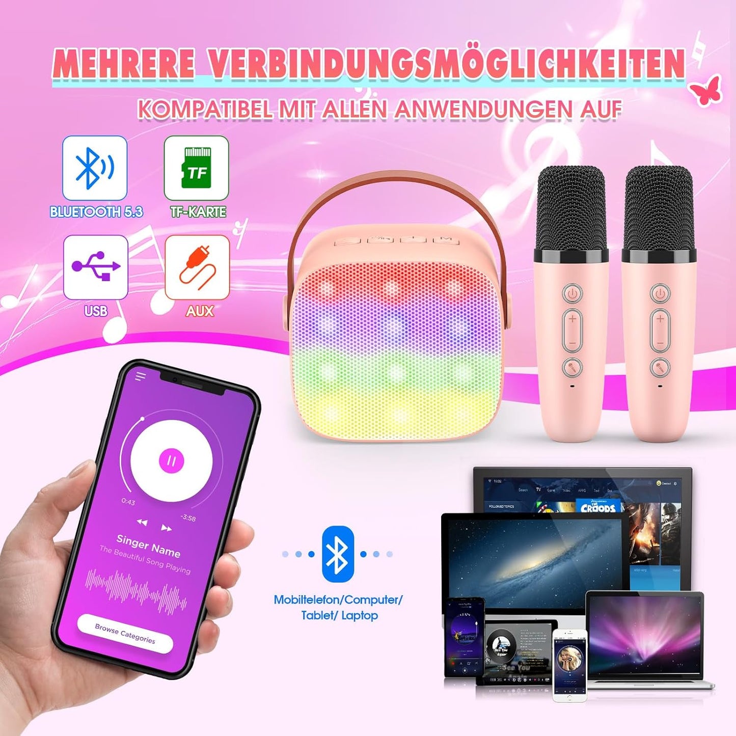 Karaoke Machine with 2 Bluetooth Microphones, Children's Unicorn Christmas Gifts Toy for Girls 3-12 Years, Portable Karaoke Microphone Set with DSP and LED Lights