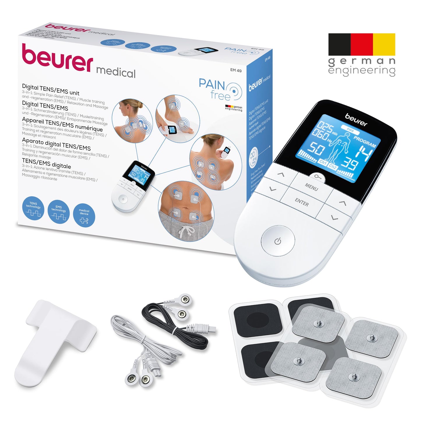 Beurer EM 49 Digital TENS/EMS, 3-in-1 Electrical Stimulation Device for Pain Relief by Electrical Nerve Stimulation, Training Through Electrical Muscle Stimulation, Massage Function, Including 4 Electrodes