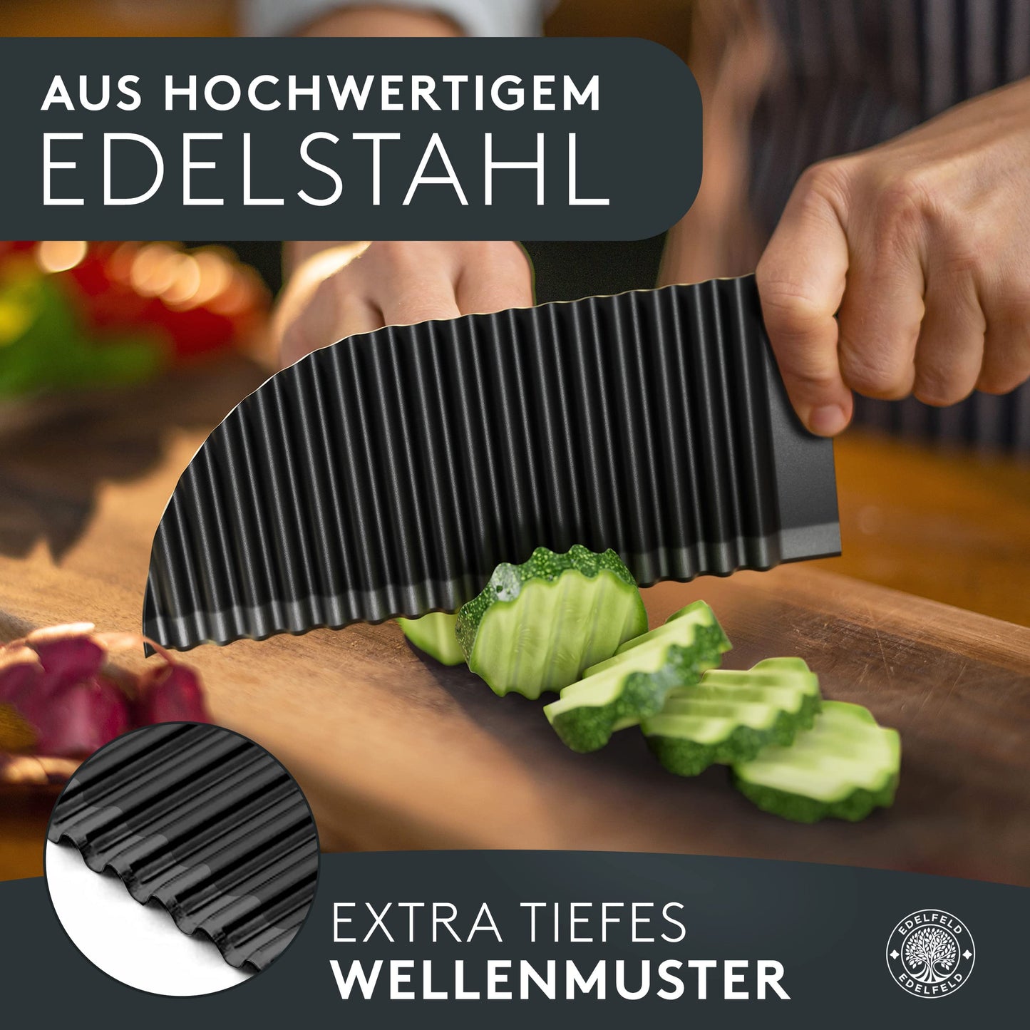EDELFELD Wellenschneider für Pommes, Obst & Gemüse [TESTSIEGER] - Spülmaschinengeeignetes Wellenmesser mit Titanklinge - Riffelmesser für Erwachsene & Kinder - BLW Wellenschnittmesser aus Edelstahl