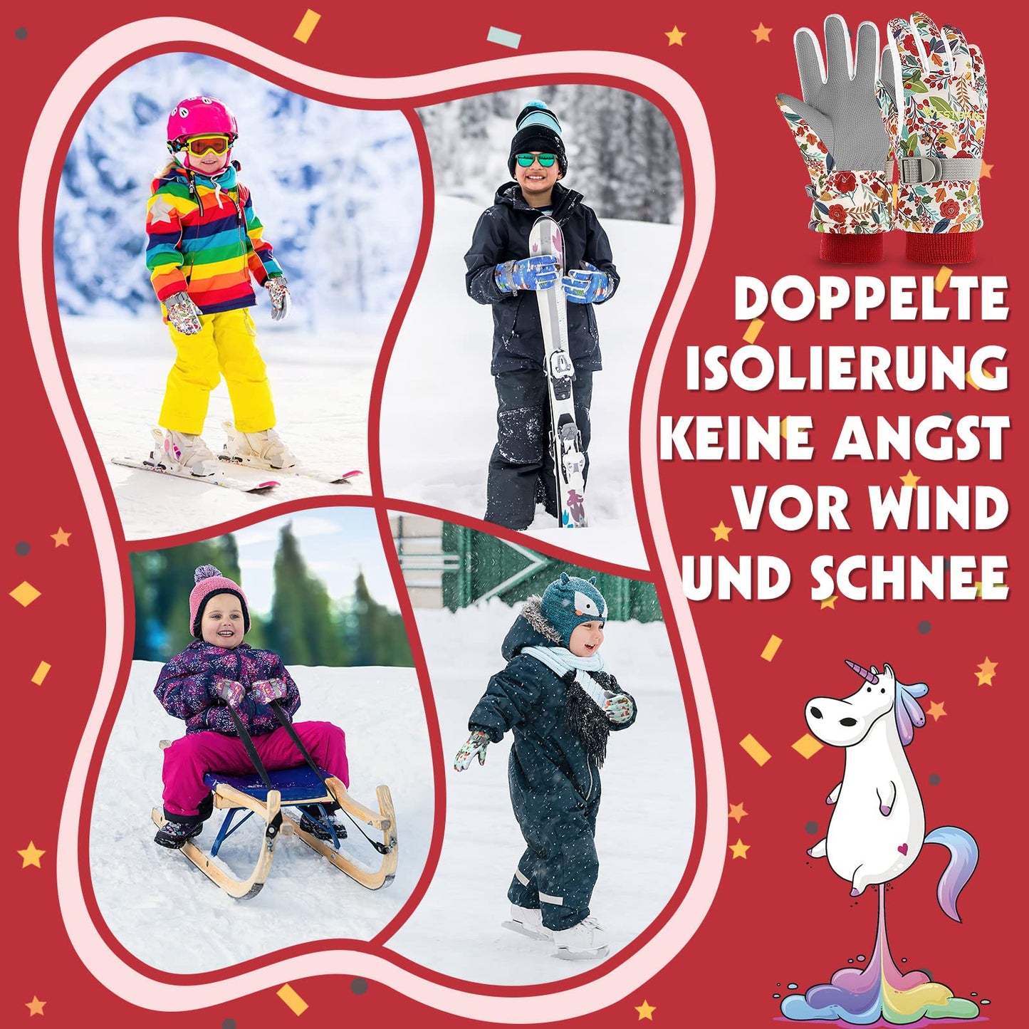 WESTGIRL Children’s Winter Gloves, Windproof, Warm Ski Gloves, Thermal Fleece, Water-Repellent Cartoon Snow Gloves, Outdoor Gloves for Snowboarding, Cycling, for Boys and Girls Aged 3–12 Years