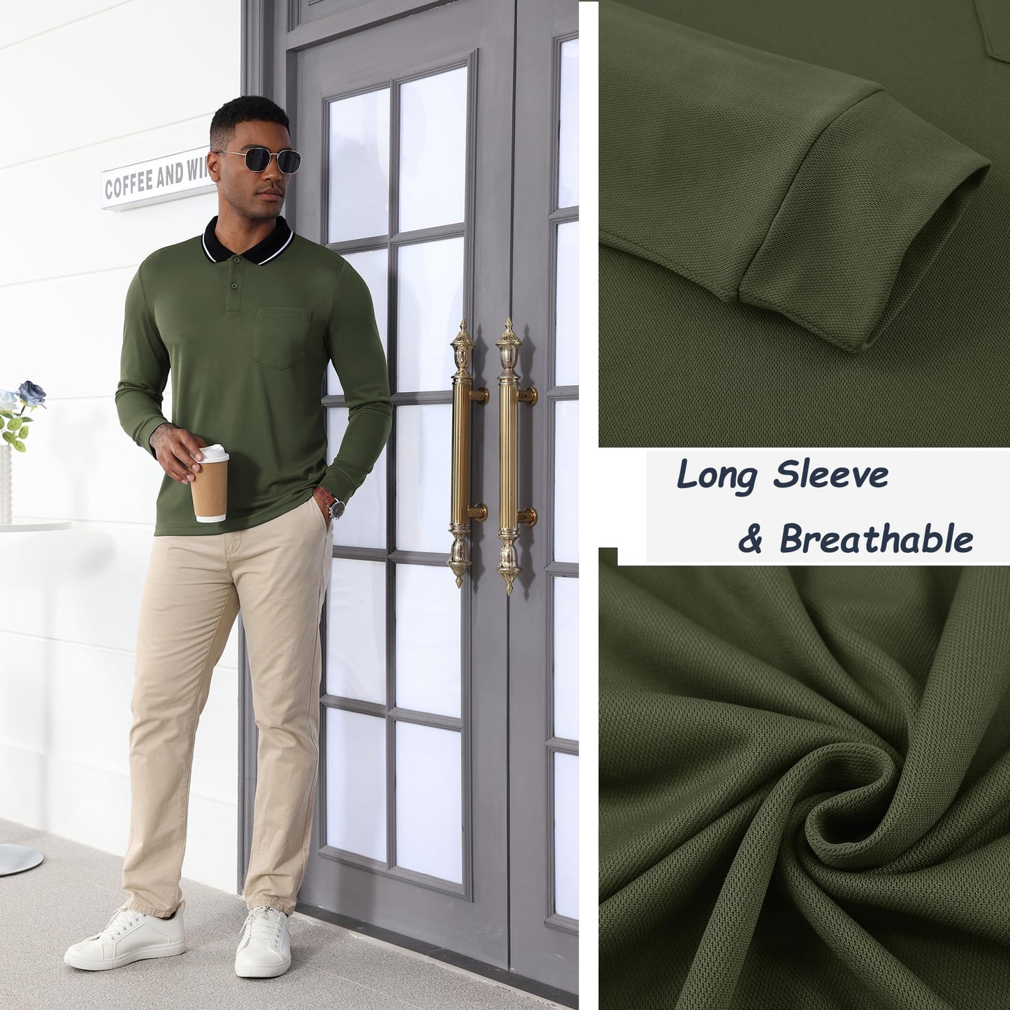 JACKETOWN 3er Pack Poloshirt Herren Langarm Atmungsaktiv Poloshirt Set Knopfkragen Arbeitshemd Golf Polohemd Frühling Herbst Arbeits T Shirt mit Tasche