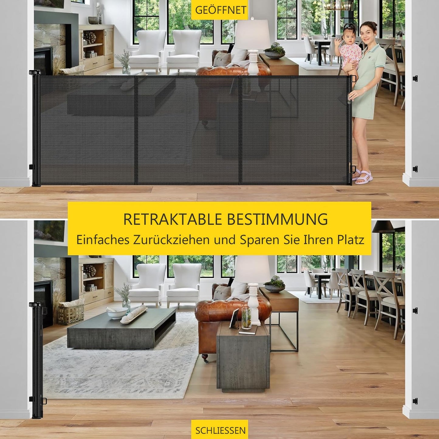 Retractable Stair Safety Gate for Babies, 0-150 cm Wide, Baby Barrier, Cat and Dog Barrier, One-Handed Operation, Suitable for Indoor & Outdoor Use (150 cm, Black)