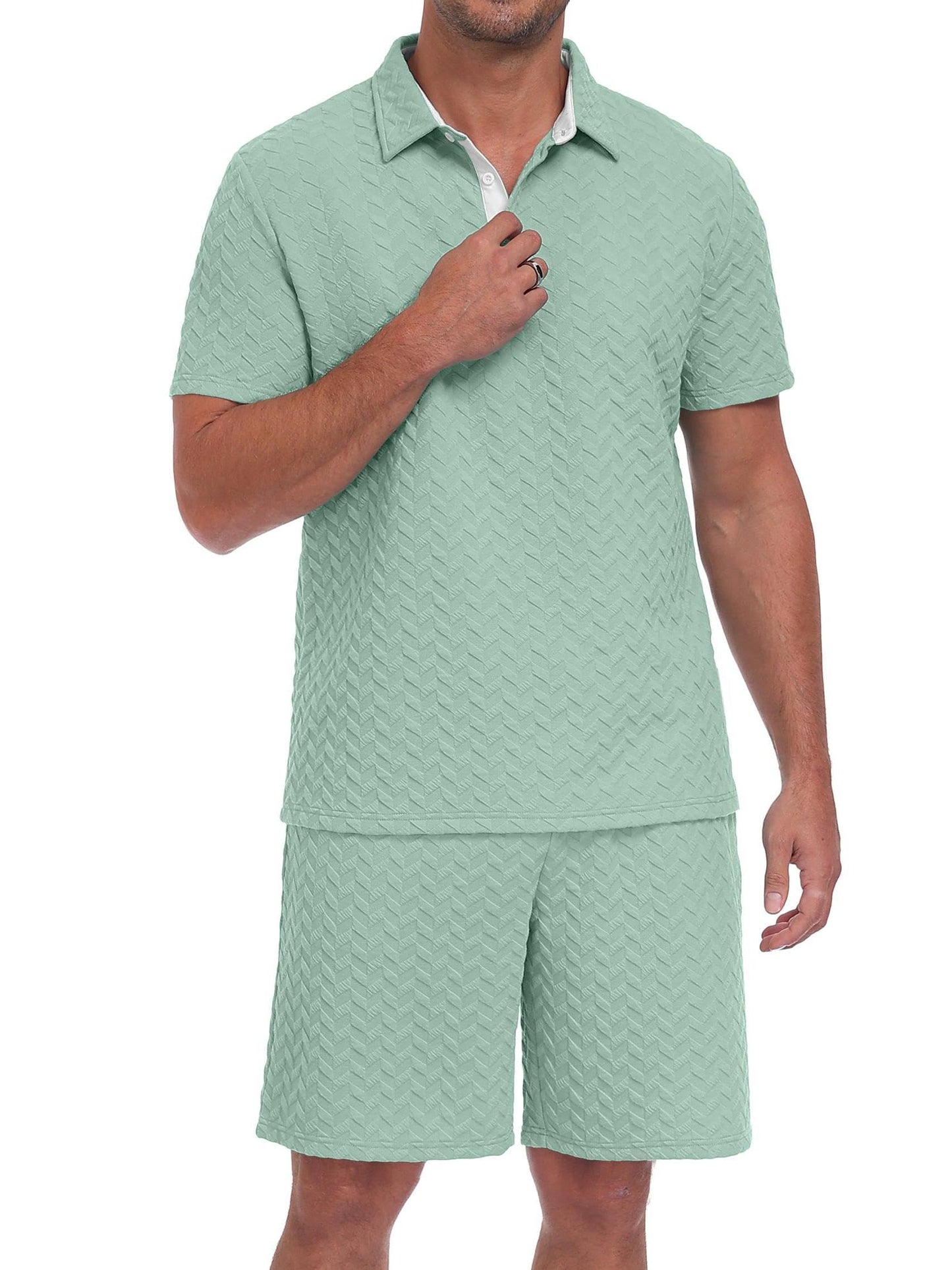 QIXING Herren Sommer Set 2 Teiler Polohemd und Shorts Set Herren Kurzarm Polo Shirt mit Strukturmuster Leichtes Freizeit Outfit für Urlaub Strand Reisen und Alltag