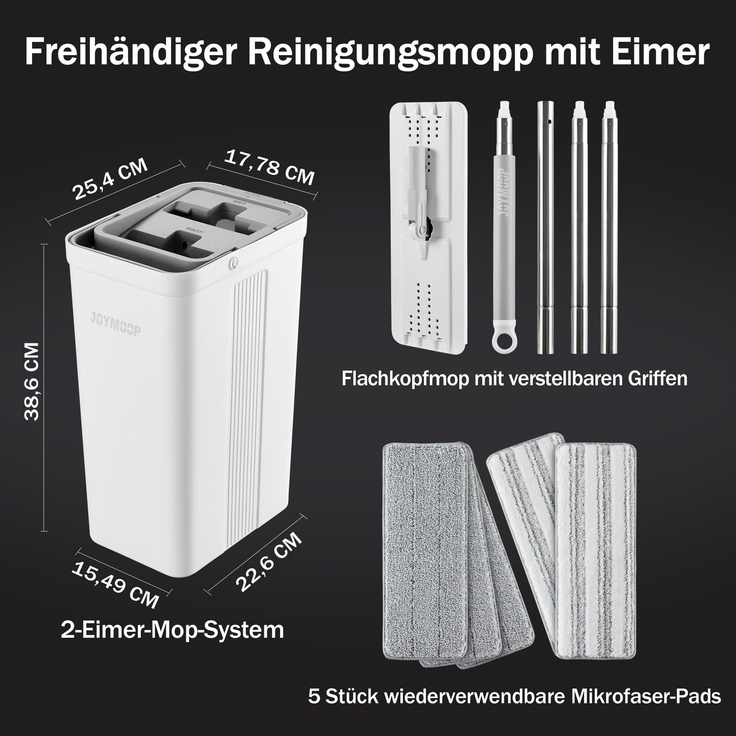 JOYMOOP Mop und Eimer mit Wringer Set, Hands Free Flat Floor Mop und Eimer, mit 5 waschbaren Mikrofaserpads, Nass- und Trockeneinsatz, Bodenreinigungssystem