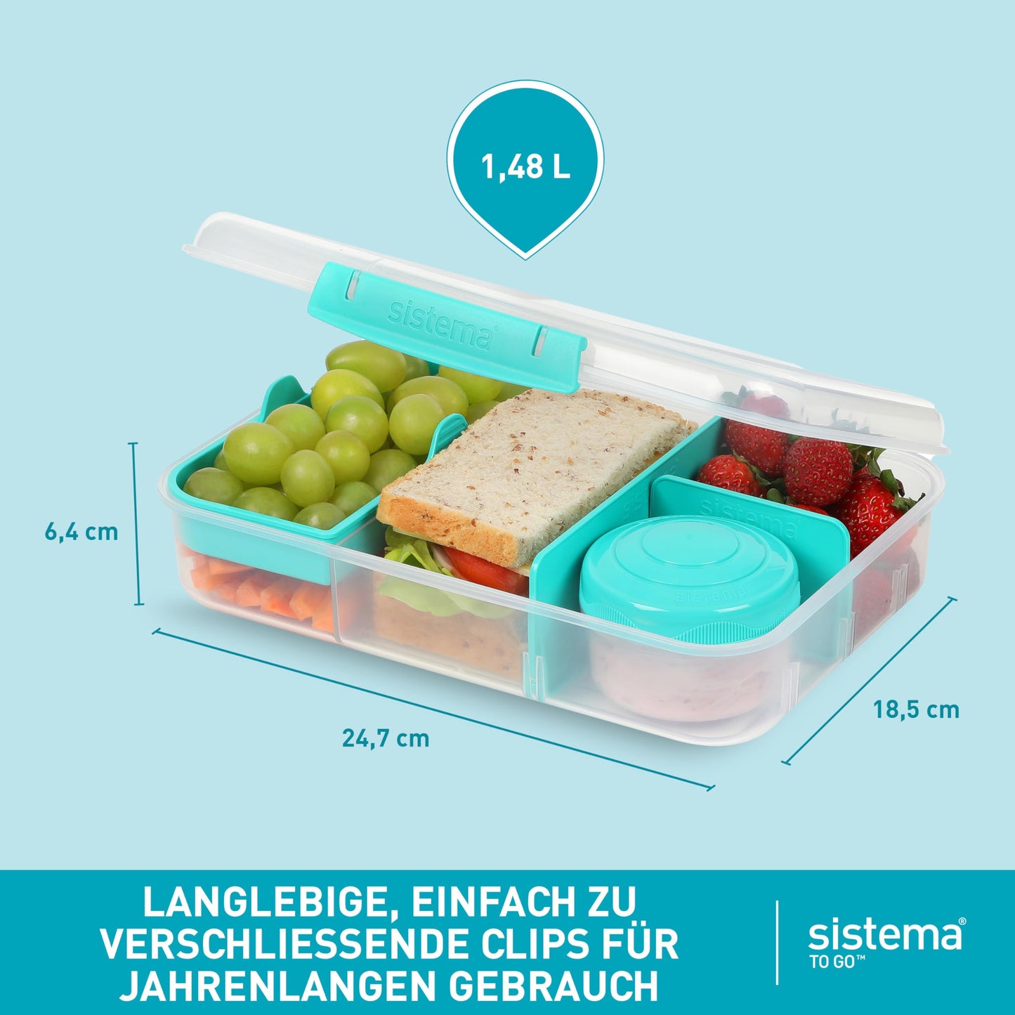Sistema Bento-Box | 1,25 L | Brotdose für Pause mit Fächern und Snackbox | BPA-frei | hergestellt aus Ocean Bound Plastic | Teal Stone | 1 Stück, Mintgrün (Recycelter Kunststoff)