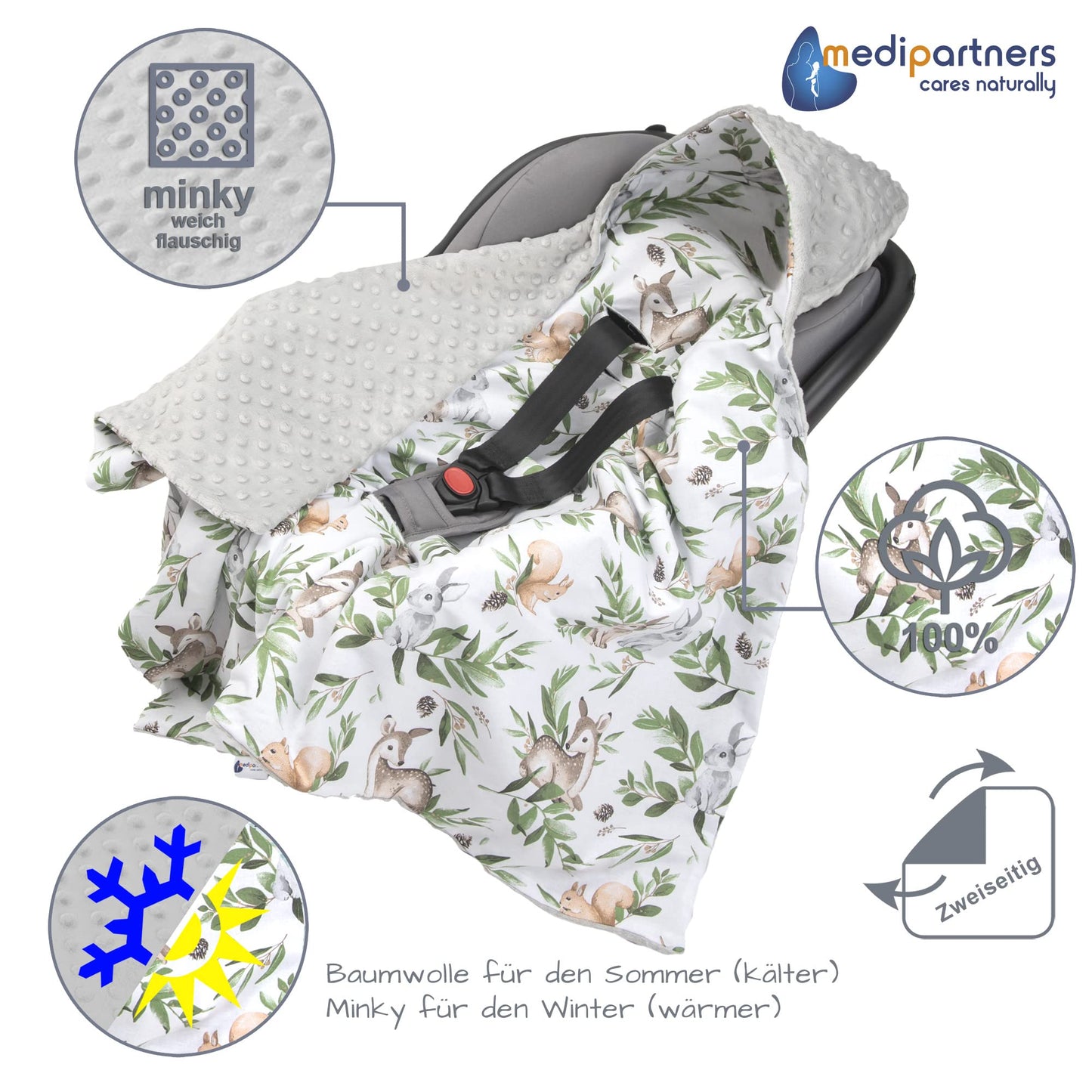 Medi Partners Einschlagdecke Baby Babyschale 100% Baumwolle für Sommer 85x85cm Kinderwagen Kuscheldecke universal Baby Decke Einschlagdecken Babydecke Buggy Autositz (weiße Sterne mit grauen Minky