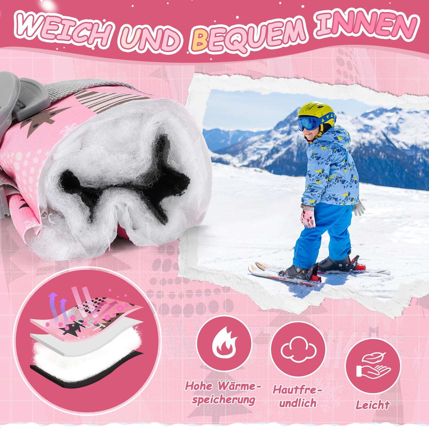 WESTGIRL Children’s Winter Gloves, Windproof, Warm Ski Gloves, Thermal Fleece, Water-Repellent Cartoon Snow Gloves, Outdoor Gloves for Snowboarding, Cycling, for Boys and Girls Aged 3–12 Years