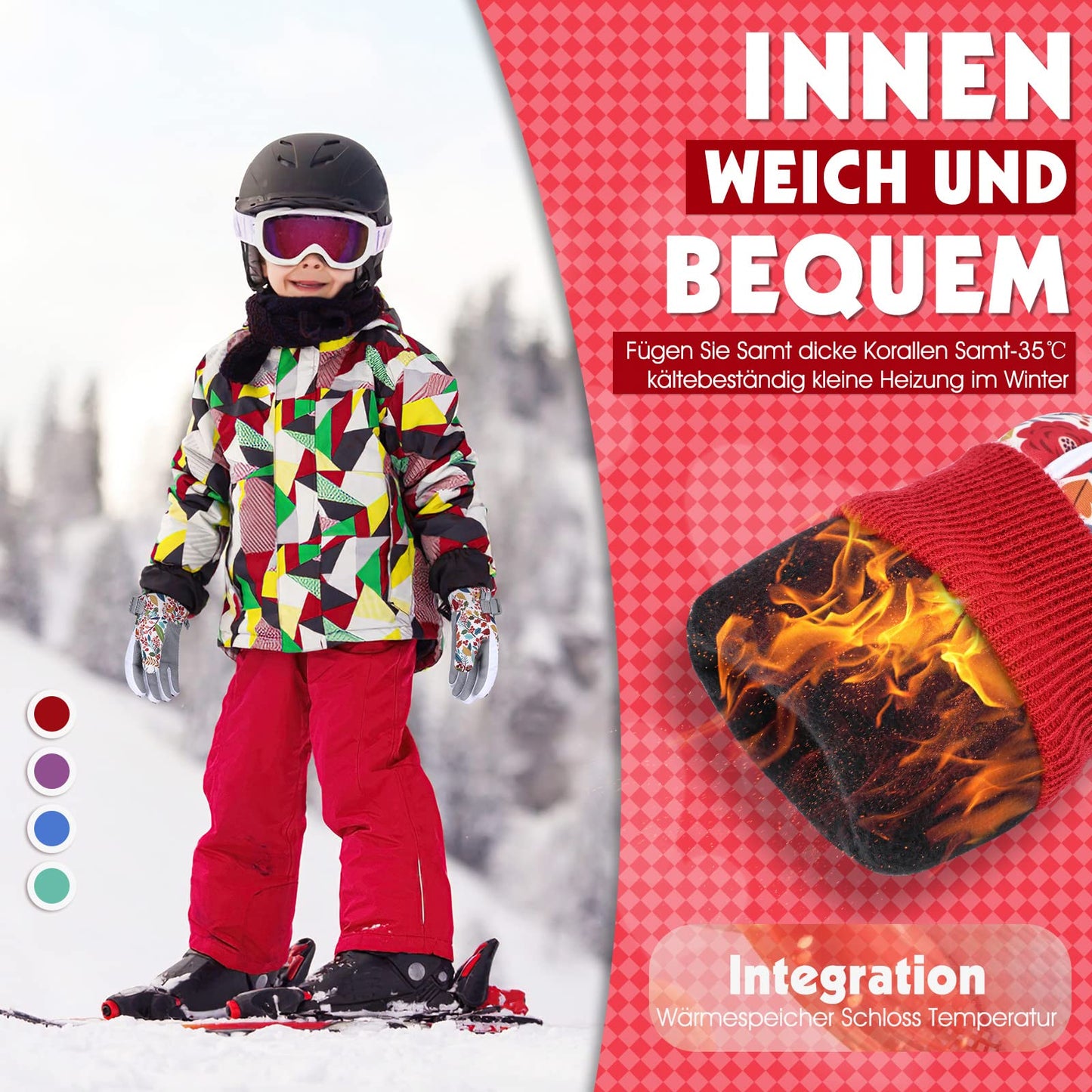 WESTGIRL Children’s Winter Gloves, Windproof, Warm Ski Gloves, Thermal Fleece, Water-Repellent Cartoon Snow Gloves, Outdoor Gloves for Snowboarding, Cycling, for Boys and Girls Aged 3–12 Years