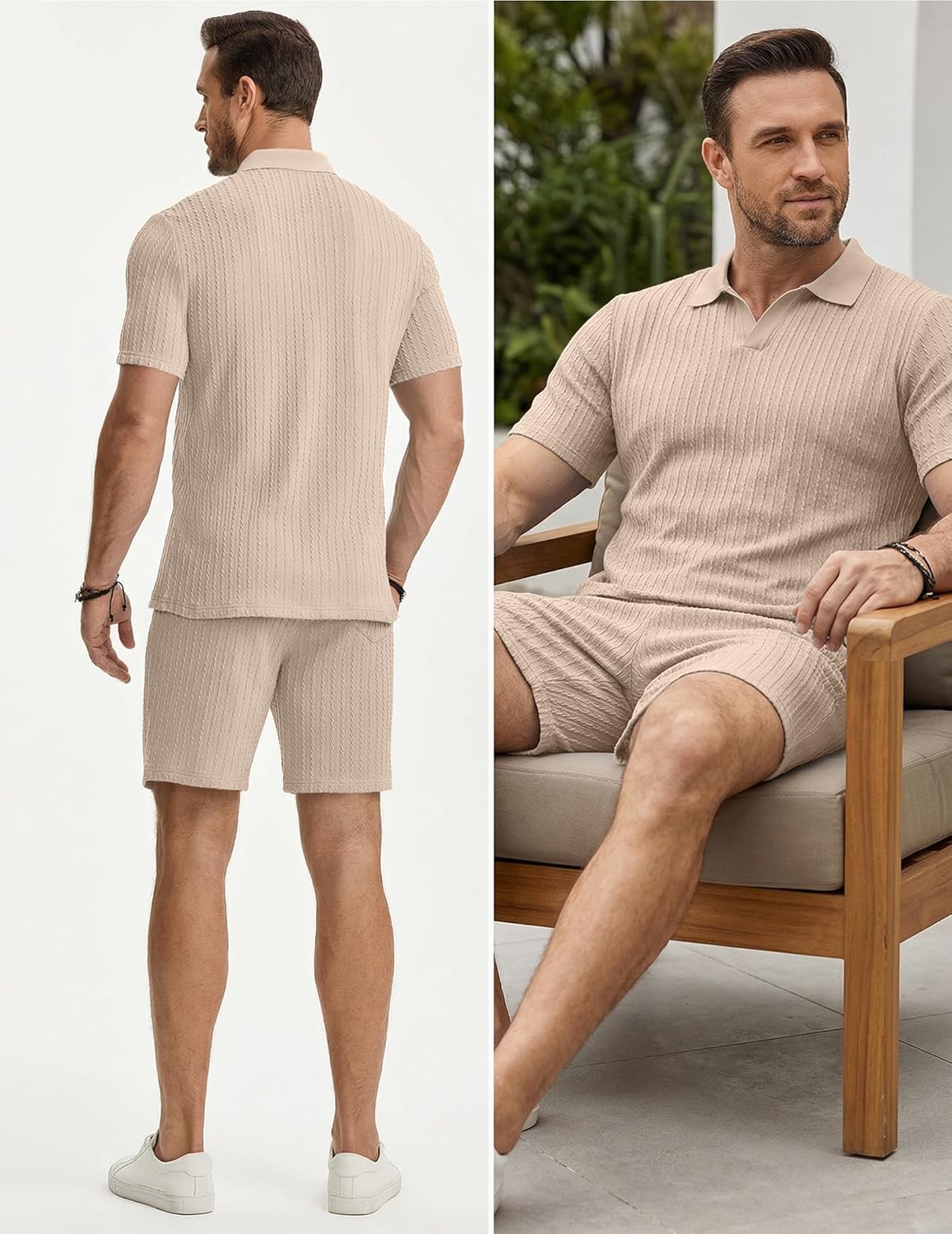 JMIERR Herren Jogginganzug Set Sommer 2 Teiliges Poloshirts Kurzarm Einfarbig Strick mit Kurze Hose Herren mit Elastischer Taille Baggy Freizeitanzug
