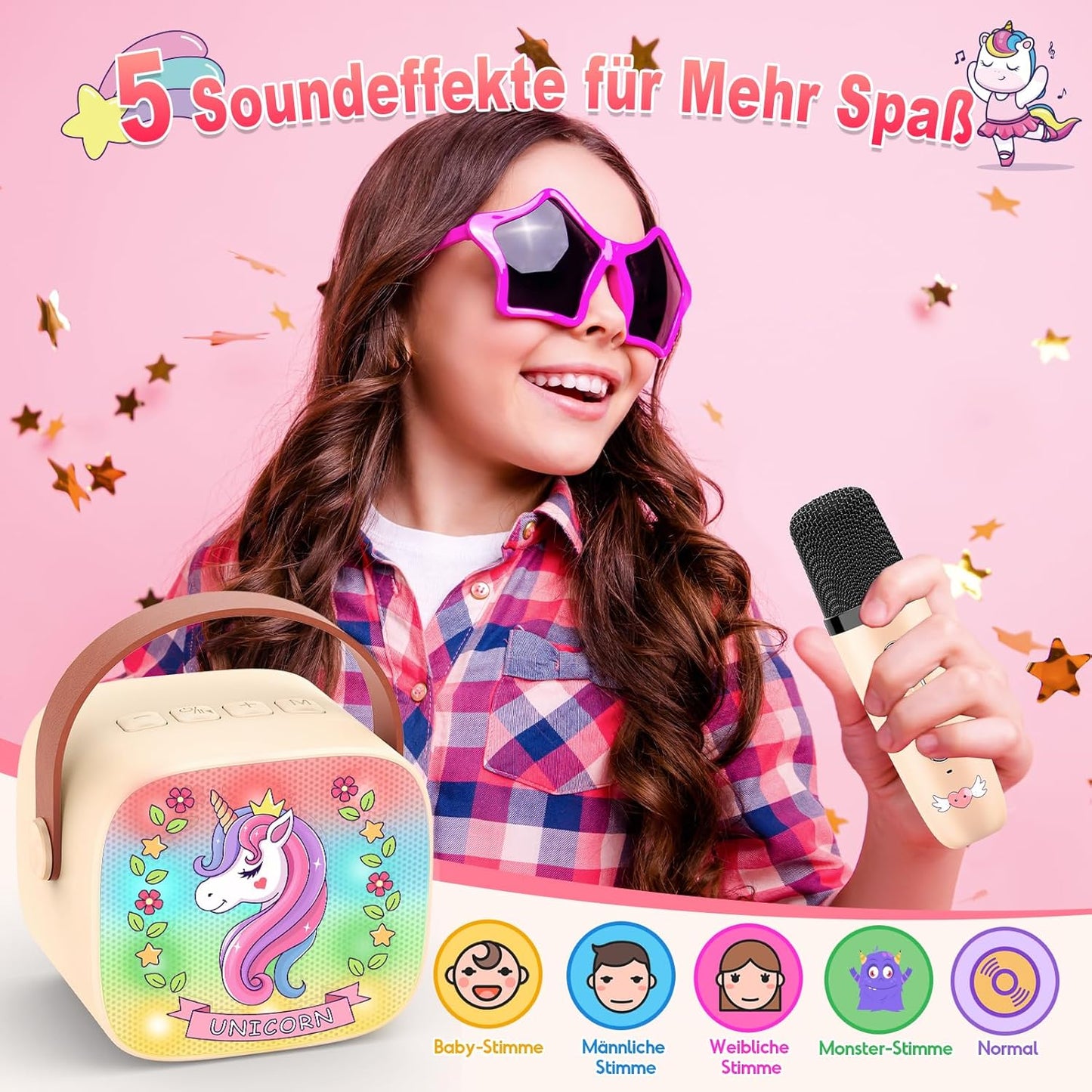 Karaoke Machine with 2 Bluetooth Microphones, Children's Unicorn Christmas Gifts Toy for Girls 3-12 Years, Portable Karaoke Microphone Set with DSP and LED Lights
