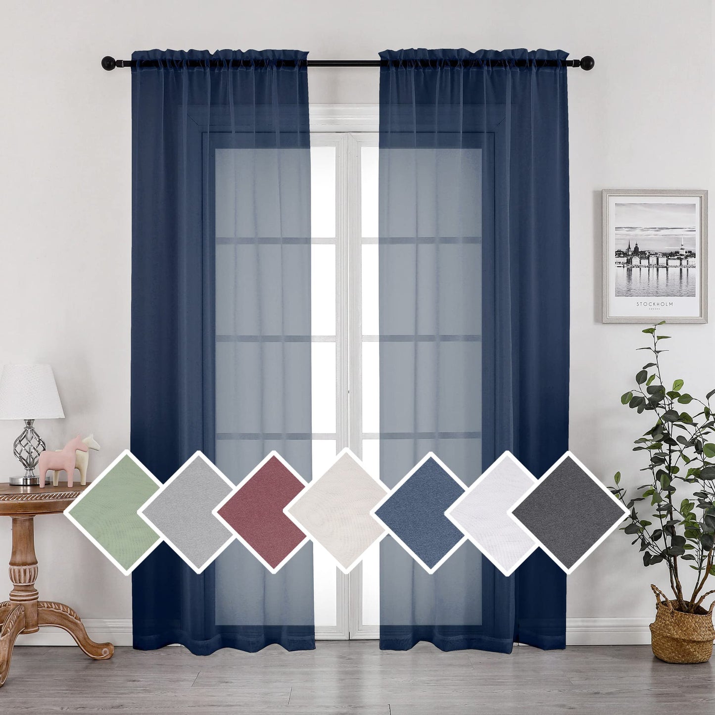OVZME Extra Lange, durchsichtige Vorhänge, 241,3 cm Länge für französische Tür, Stangentasche, Voile, Fensterbehandlung für Wohnzimmer, Marineblau, 2 Paneele à 42 x 95 l