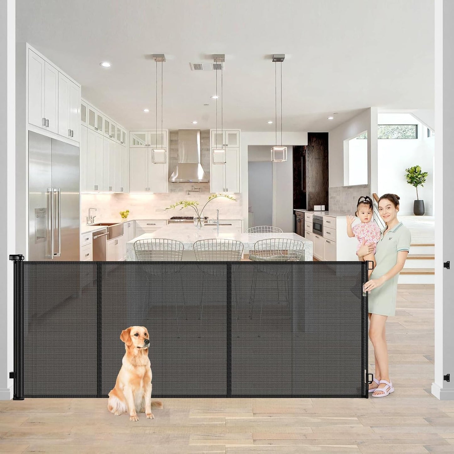 Retractable Stair Safety Gate for Babies, 0-150 cm Wide, Baby Barrier, Cat and Dog Barrier, One-Handed Operation, Suitable for Indoor & Outdoor Use (150 cm, Black)