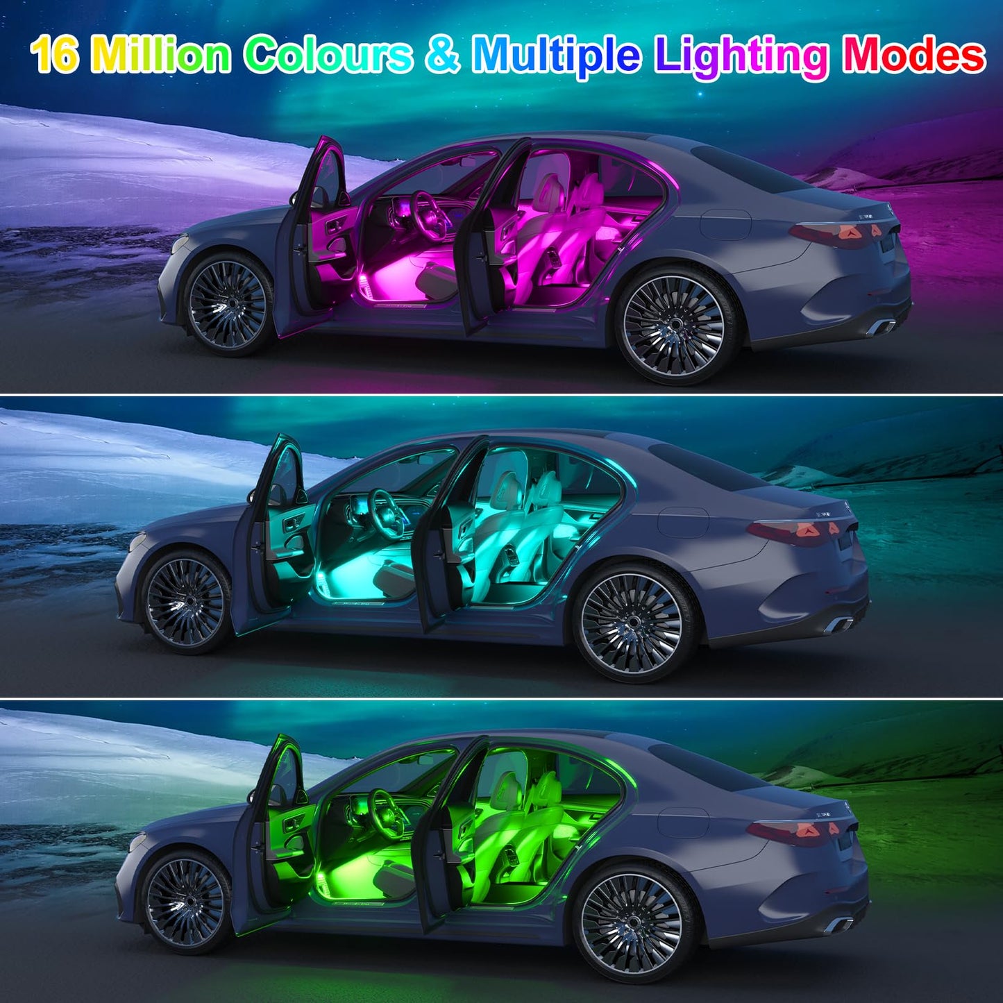 YiLaie RGB LED Interior Lighting Car, Ambient Lighting Car with App Control and 16 Million Colours, Music Mode, Colour Memory, Three Button Control Box, Cigarette Lighter, 12 V