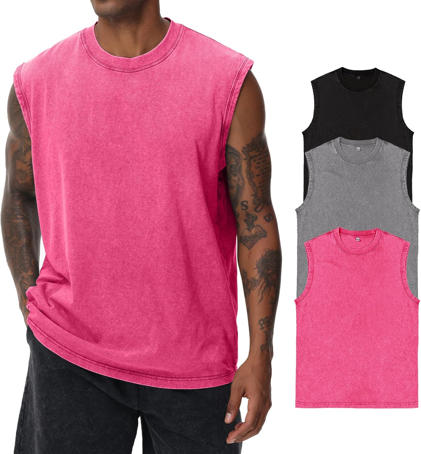 Herren Kurzarm Sommer Ärmelloses Shirt, Männer Fitness ärmellos Weste, Washed Sleeveless t-Shirt, Workout, Fitnessstudio, Baumwolle