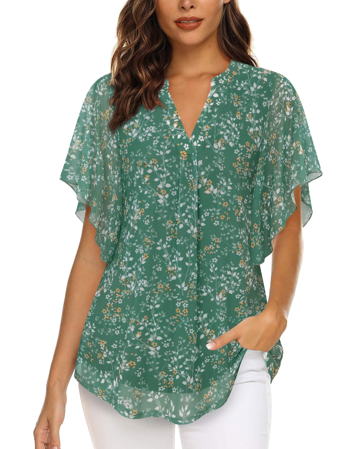 Vafoly Bluse Damen Elegant Kurzarm Sommer Tunika V-Ausschnitt Mesh Oberteil Blumen Doppellagige Tunika